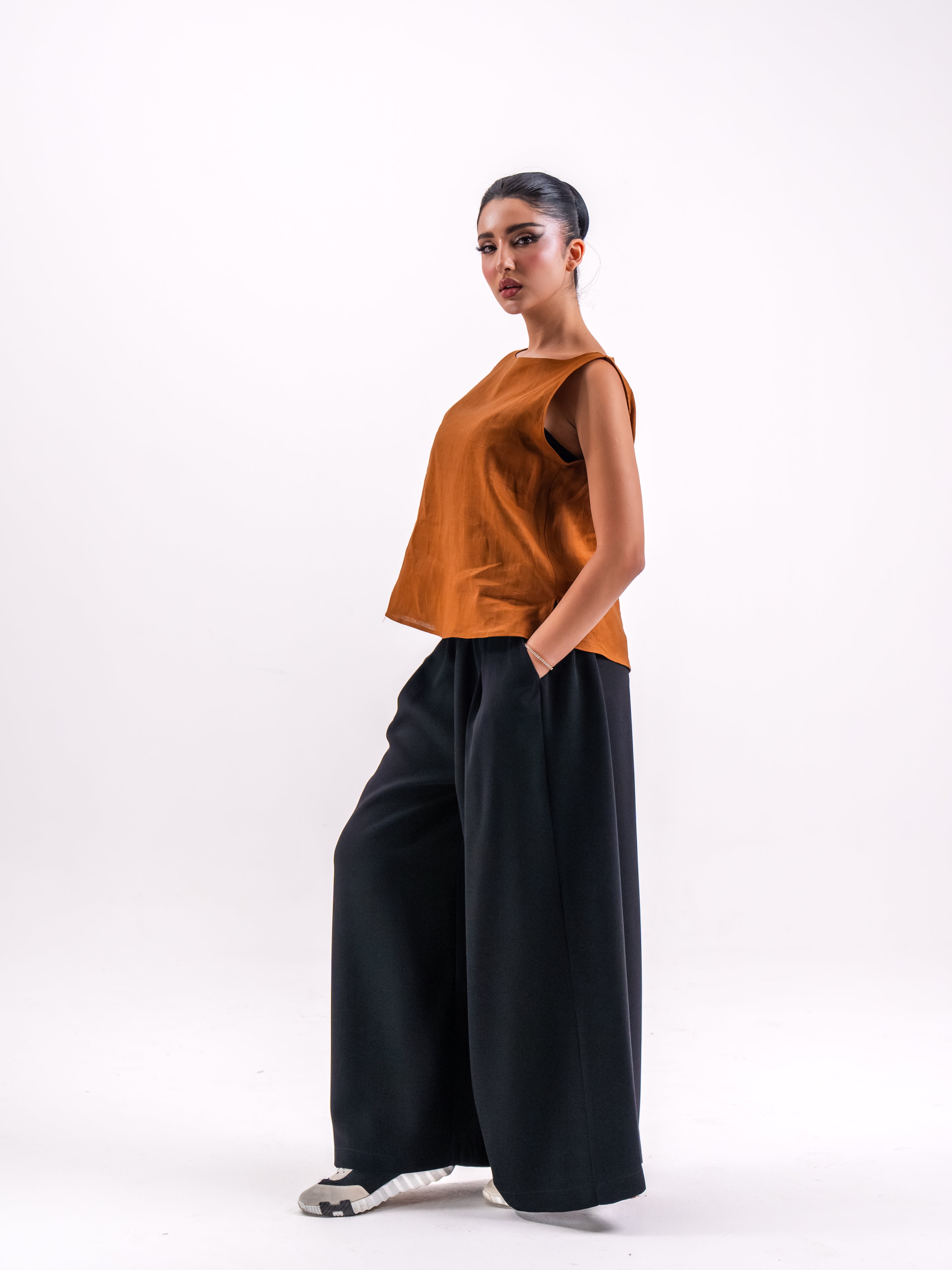 Orange Linen Top with Black Linen Pants Set