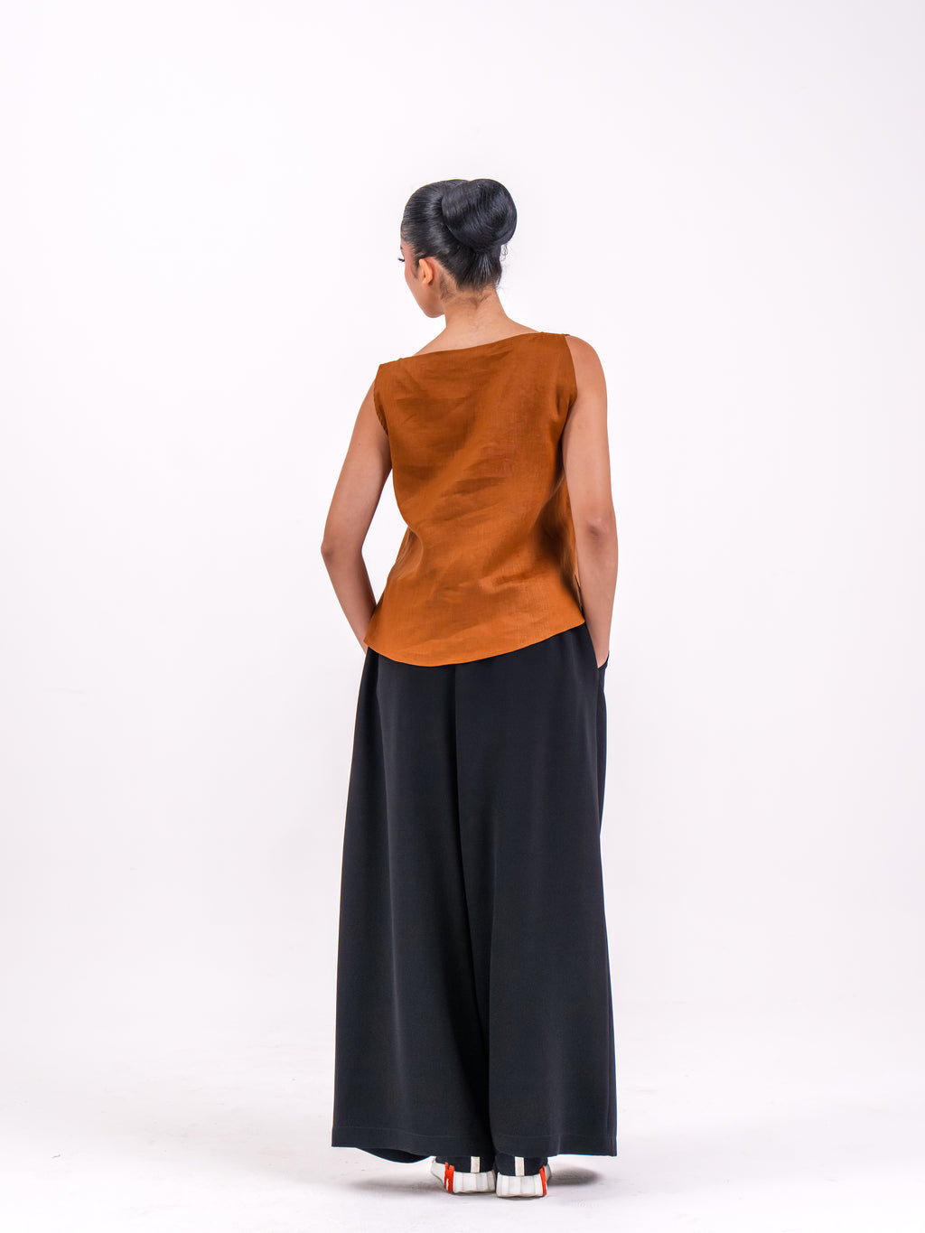 Orange Linen Top with Black Linen Pants Set