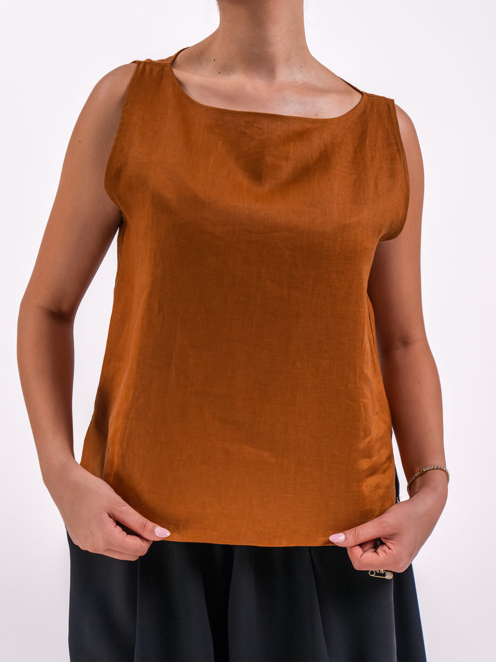 Orange Linen Top with Black Linen Pants Set