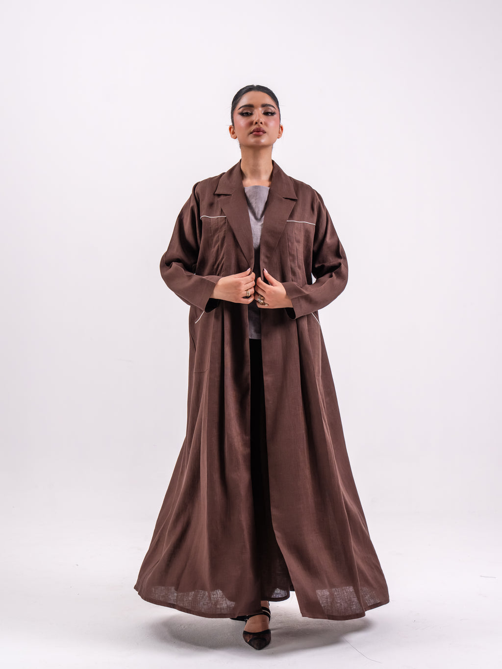 Brown Linen Abaya with Front Pleats and Back Pleat Detail