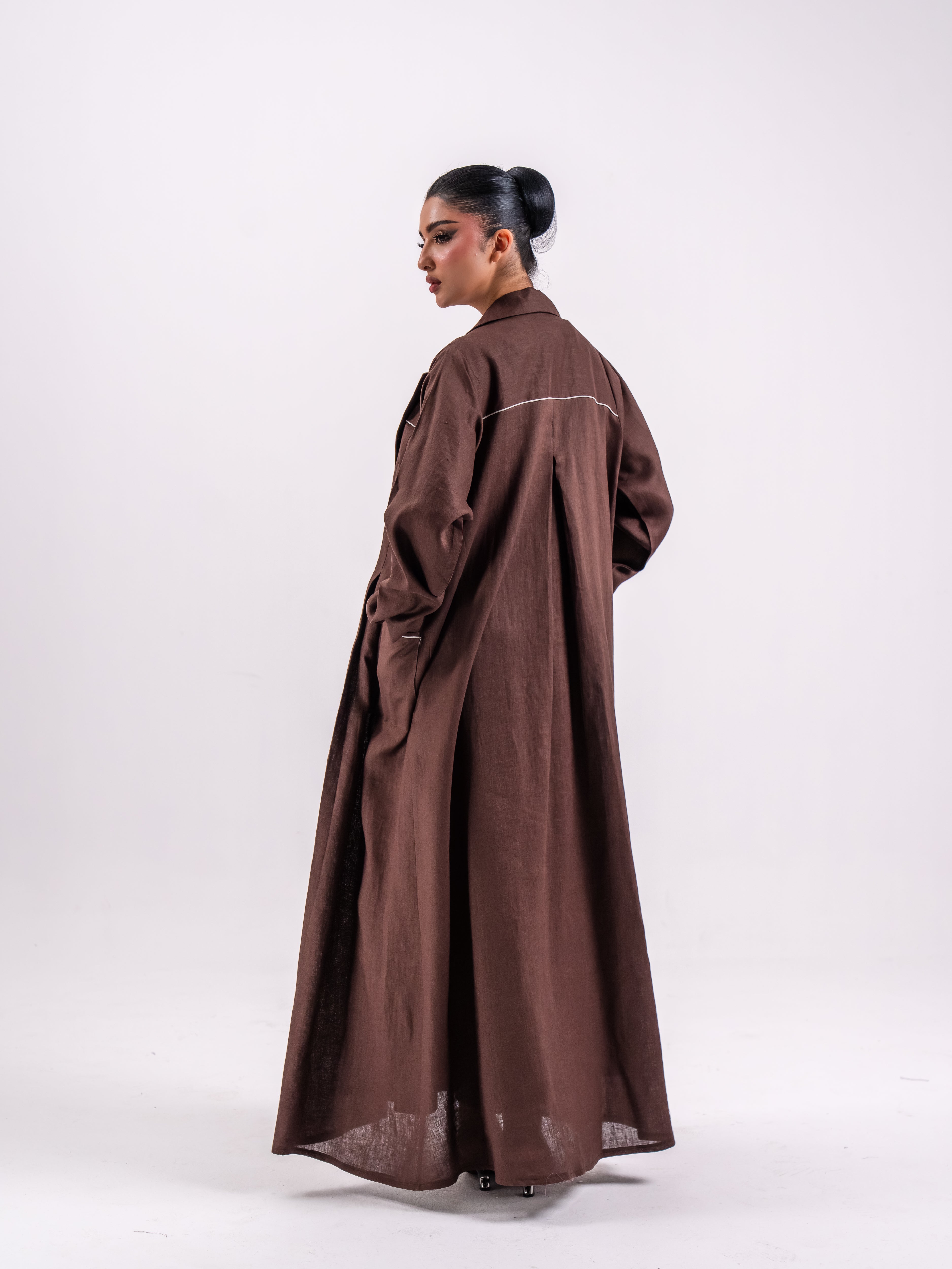 Brown Linen Abaya with Front Pleats and Back Pleat Detail