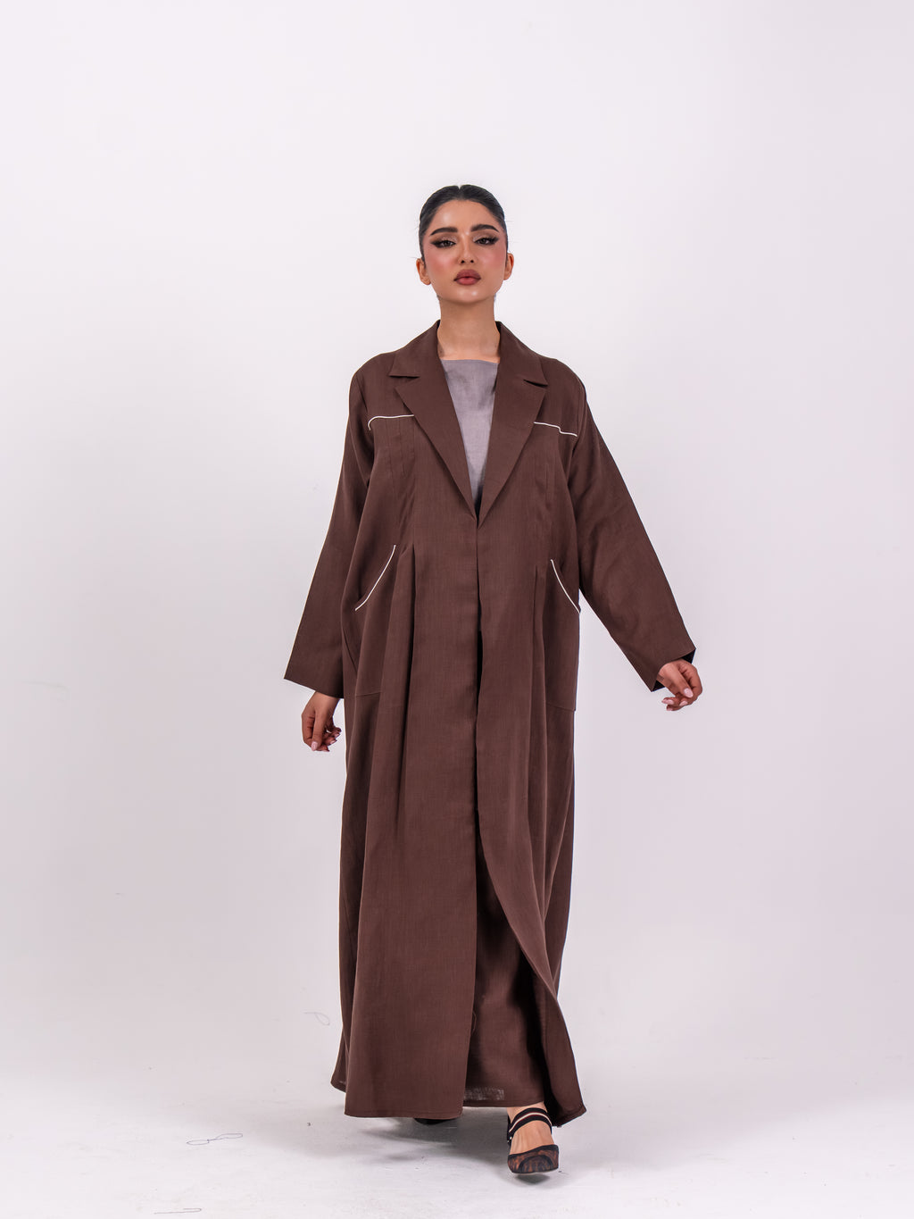 Brown Linen Abaya with Front Pleats and Back Pleat Detail