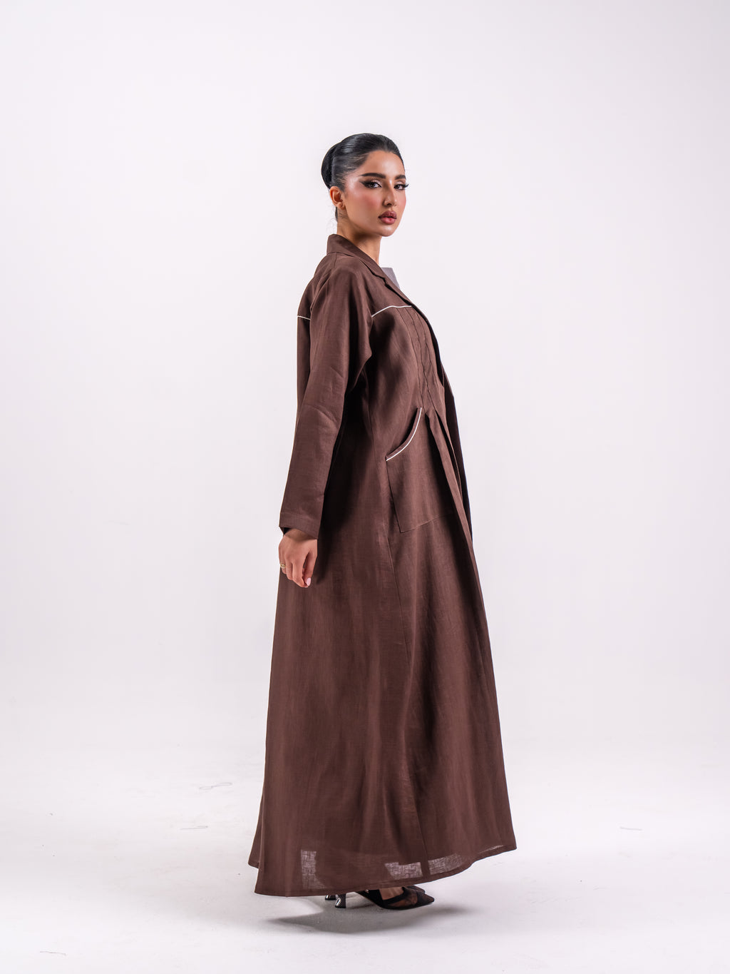 Brown Linen Abaya with Front Pleats and Back Pleat Detail