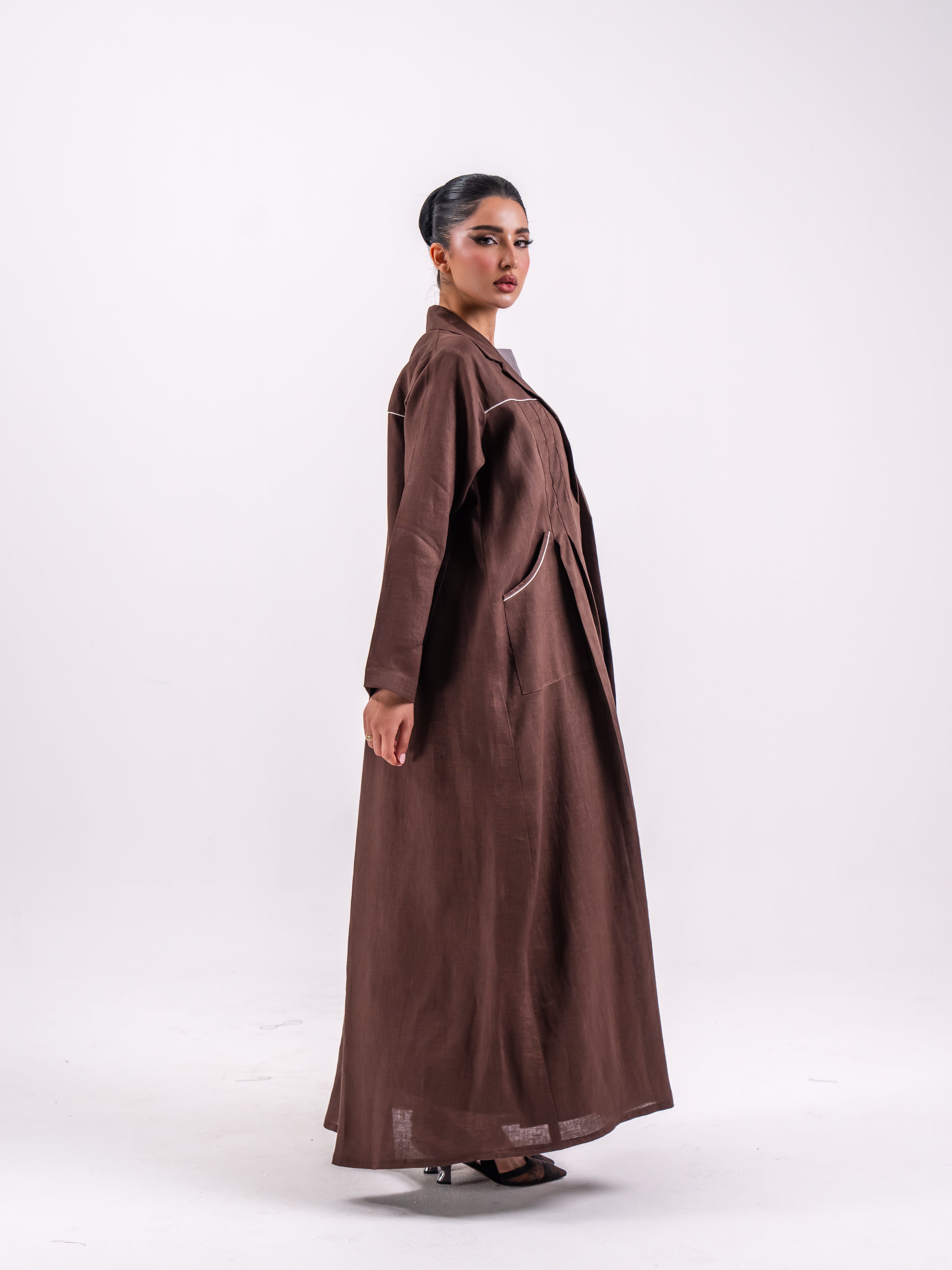 Brown Linen Abaya with Front Pleats and Back Pleat Detail