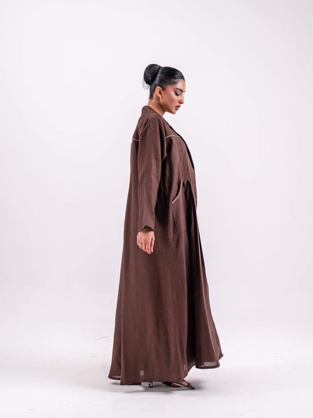 Brown Linen Abaya with Front Pleats and Back Pleat Detail