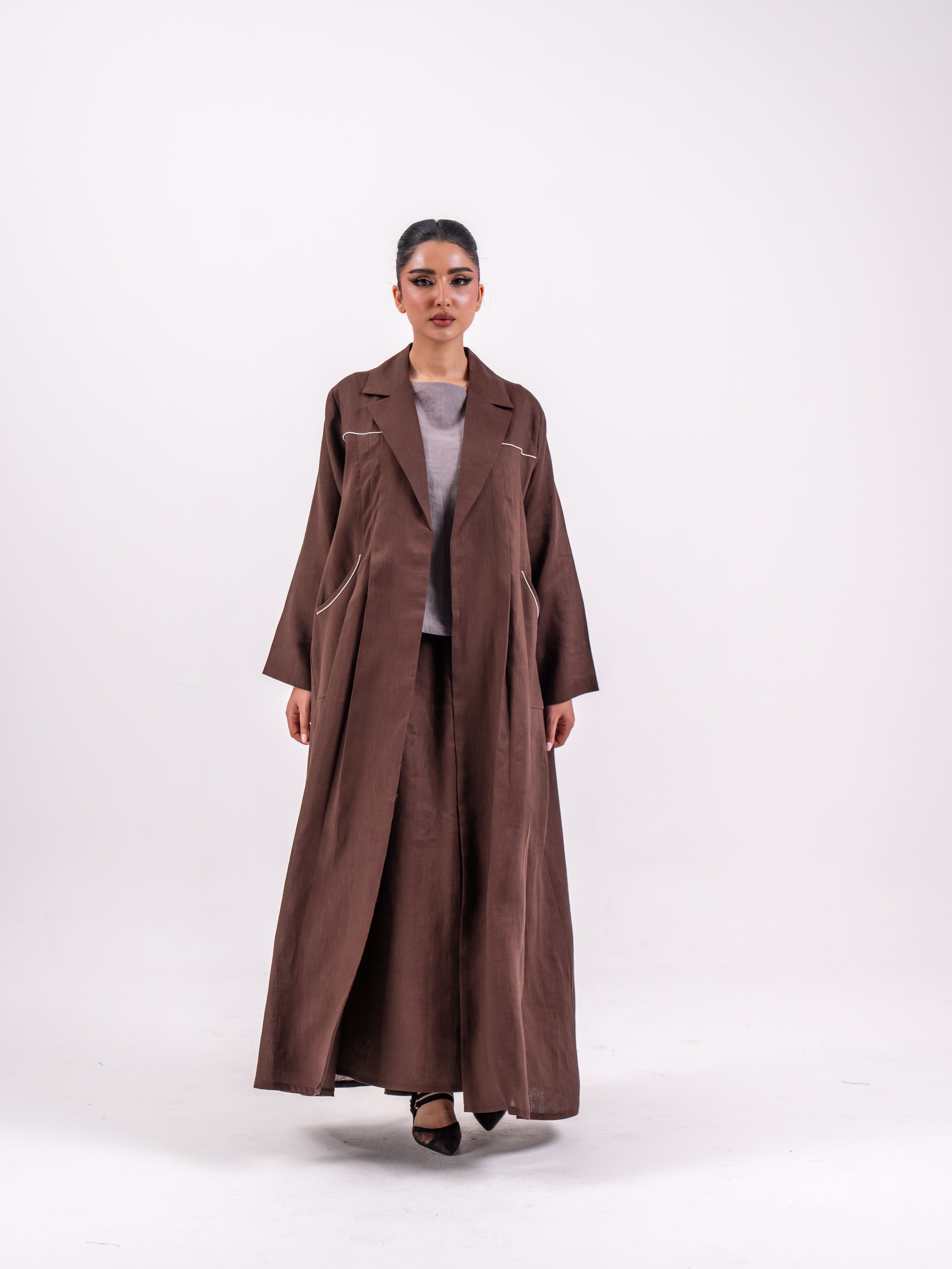 Brown Linen Abaya with Front Pleats and Back Pleat Detail