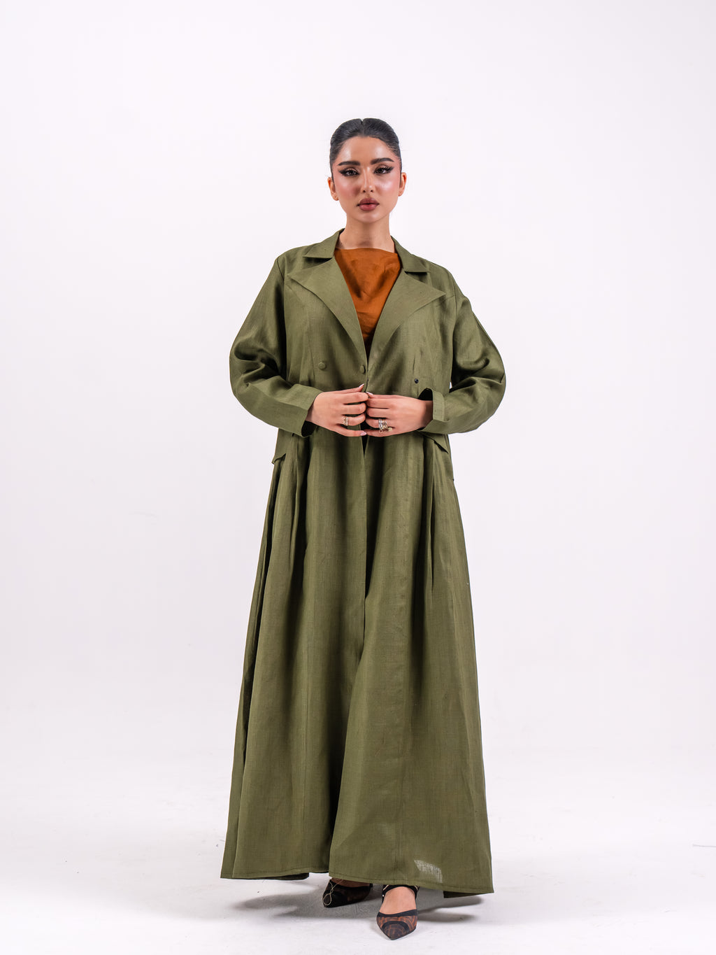 Olive Linen Abaya with Circular Pleats