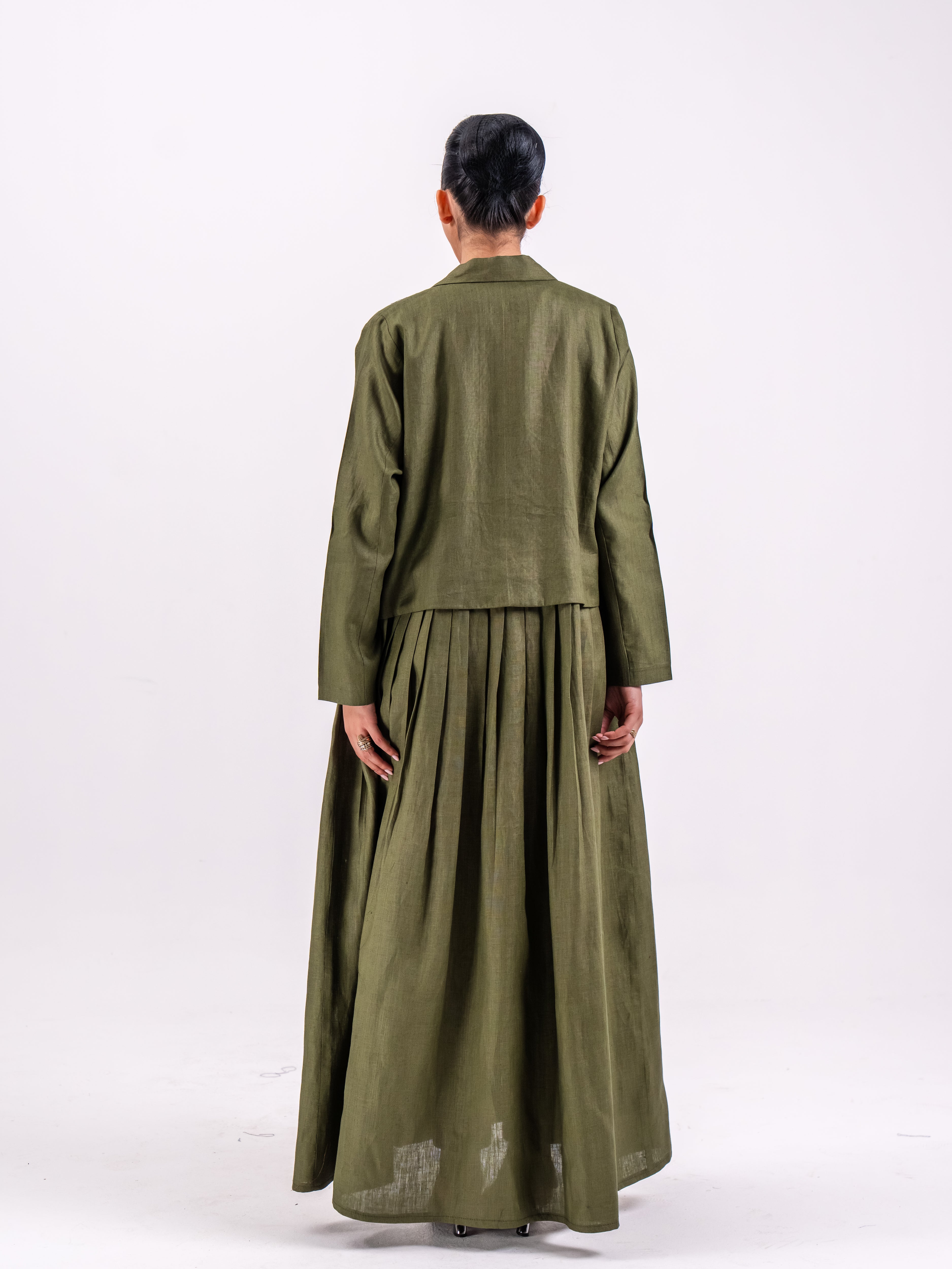 Olive Linen Abaya with Circular Pleats