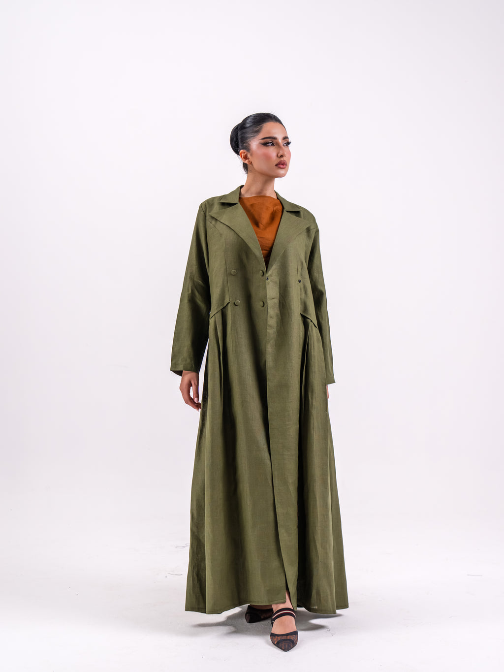 Olive Linen Abaya with Circular Pleats