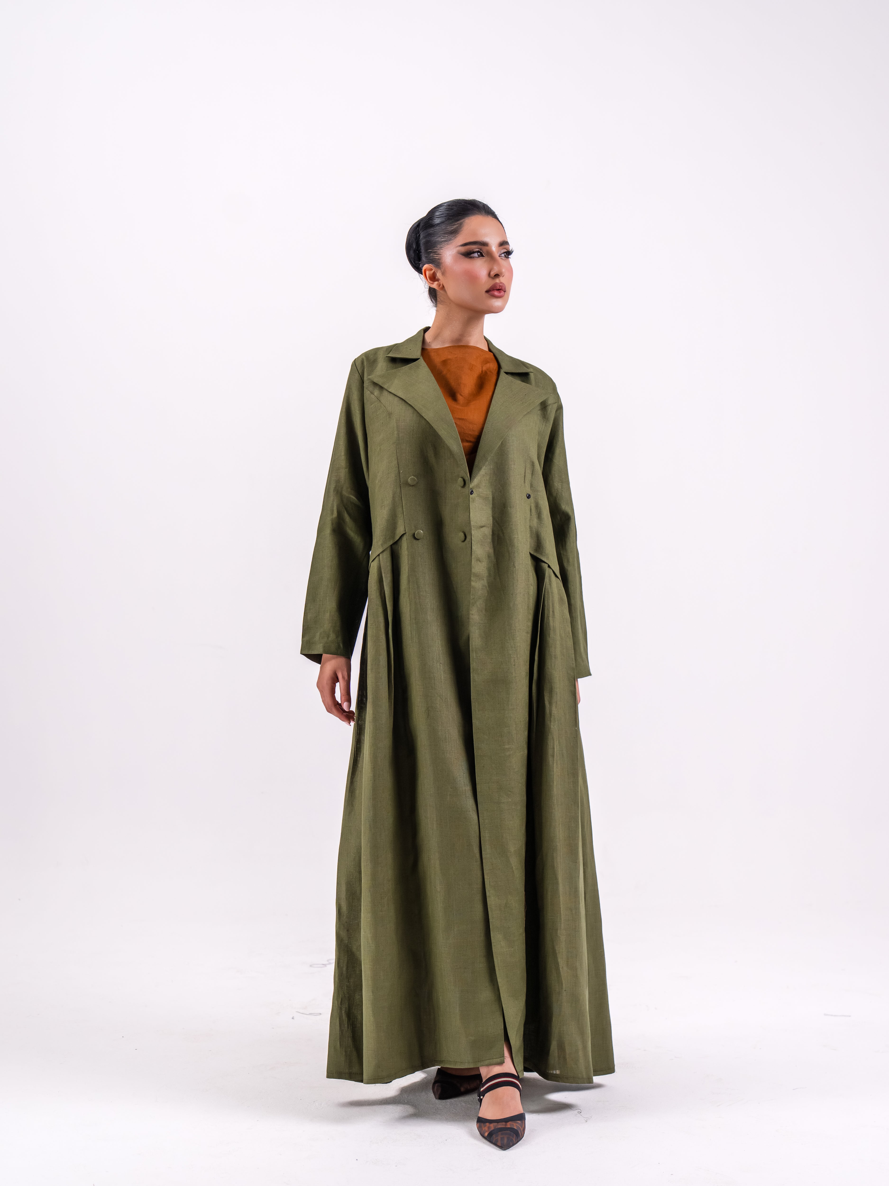 Olive Linen Abaya with Circular Pleats