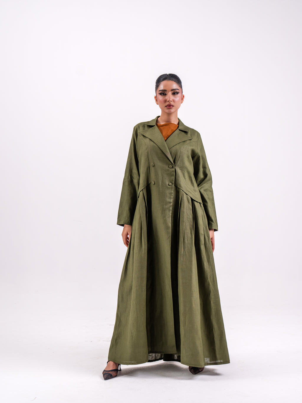 Olive Linen Abaya with Circular Pleats