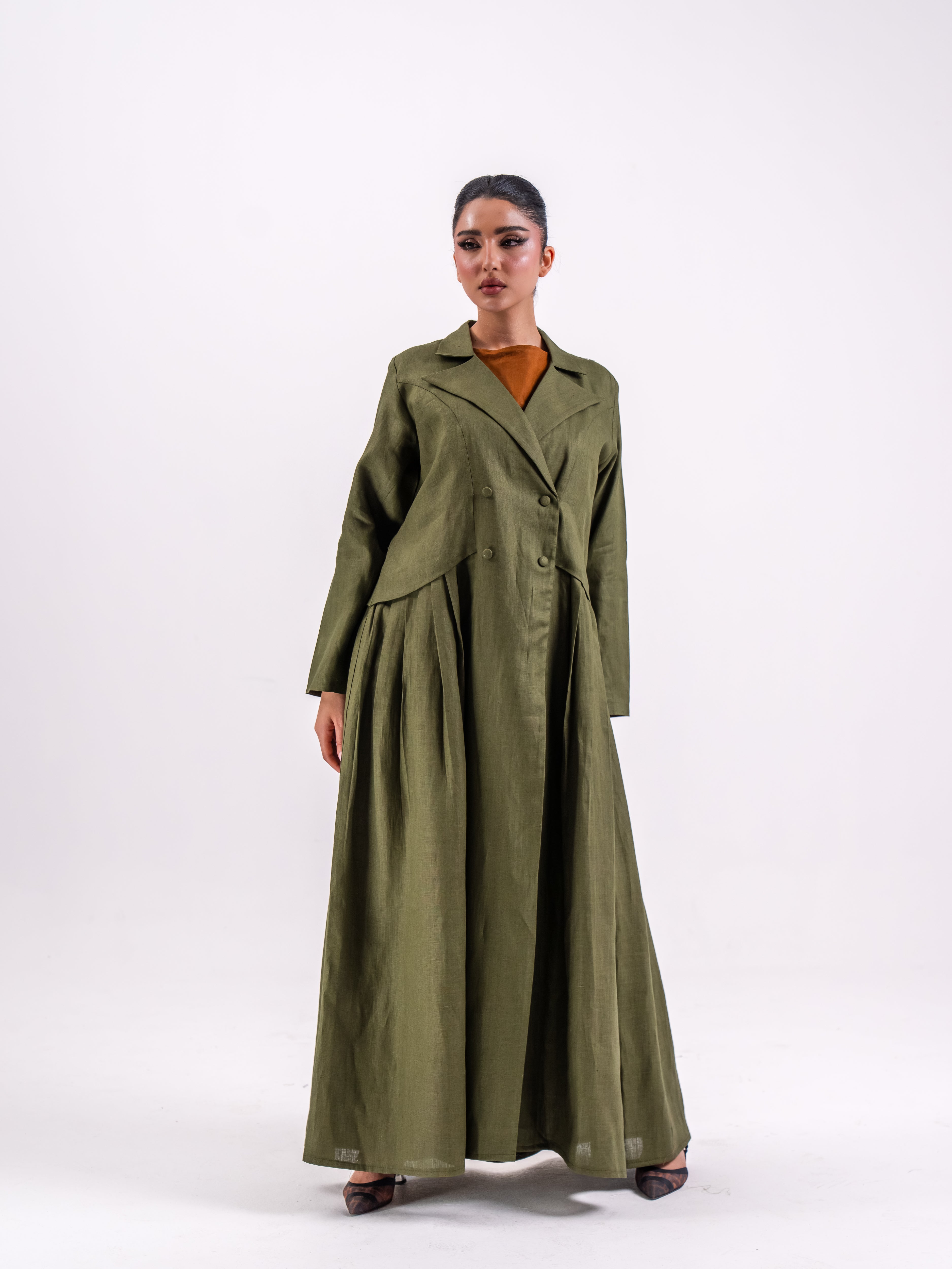 Olive Linen Abaya with Circular Pleats
