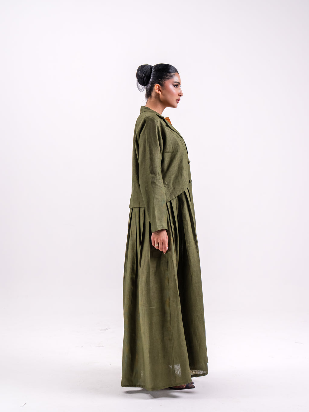 Olive Linen Abaya with Circular Pleats