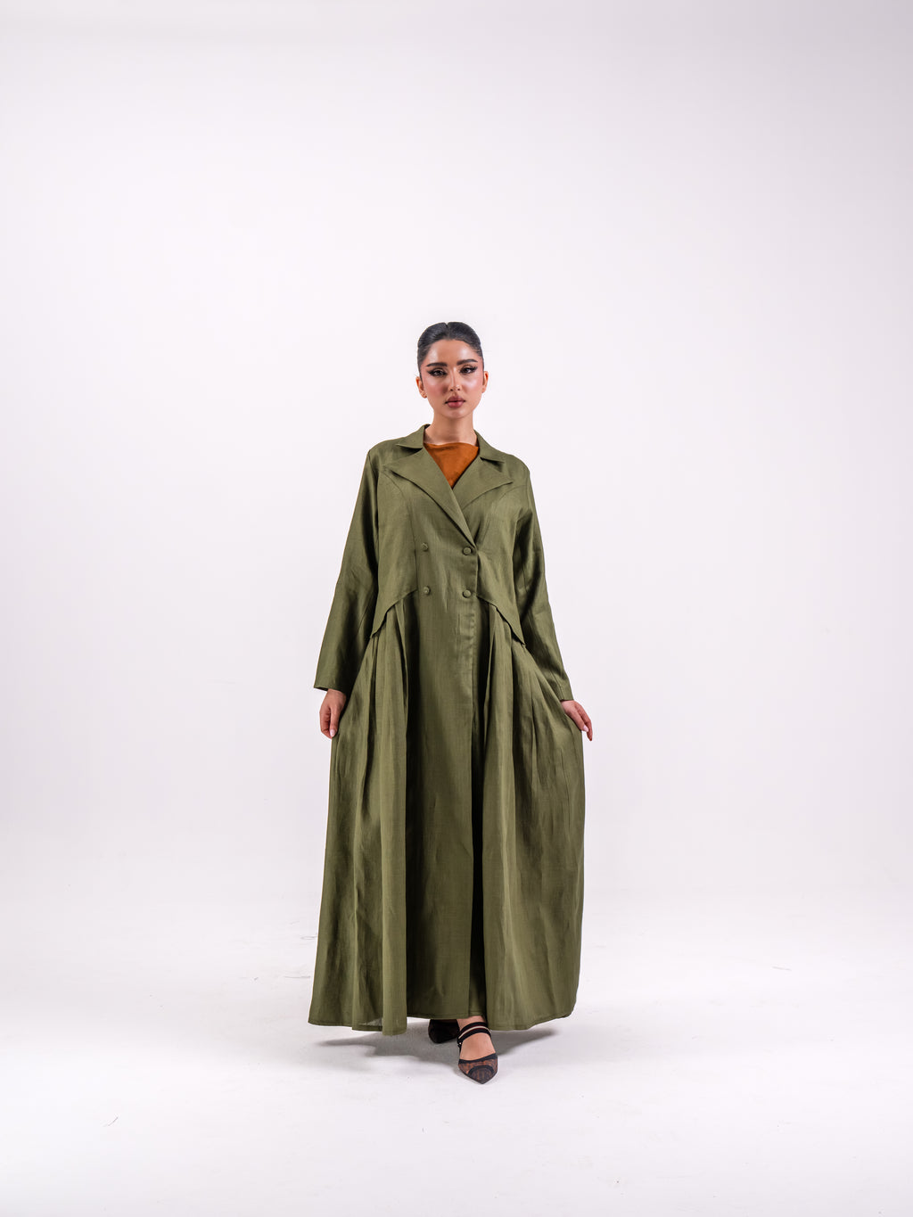 Olive Linen Abaya with Circular Pleats