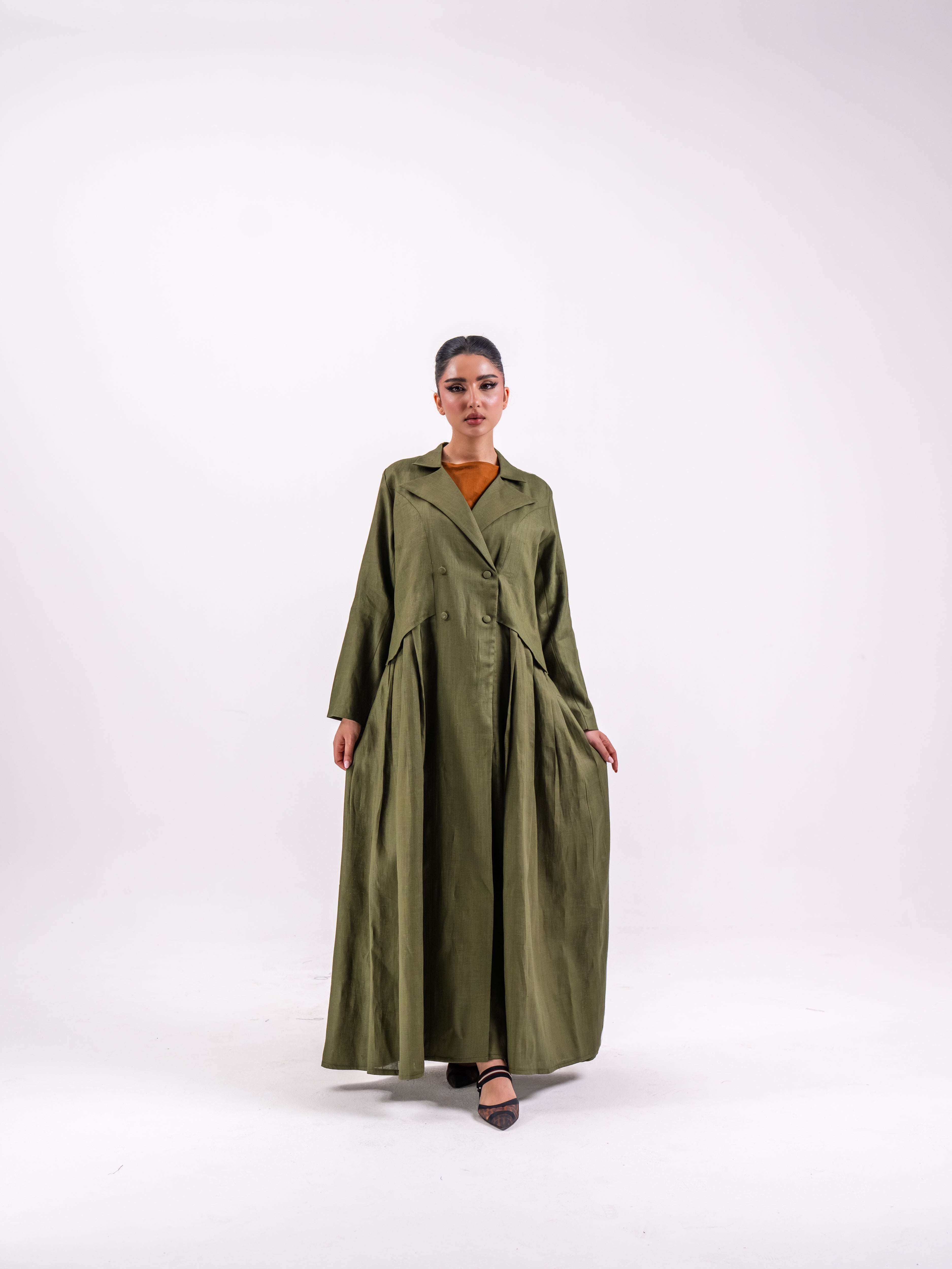 Olive Linen Abaya with Circular Pleats