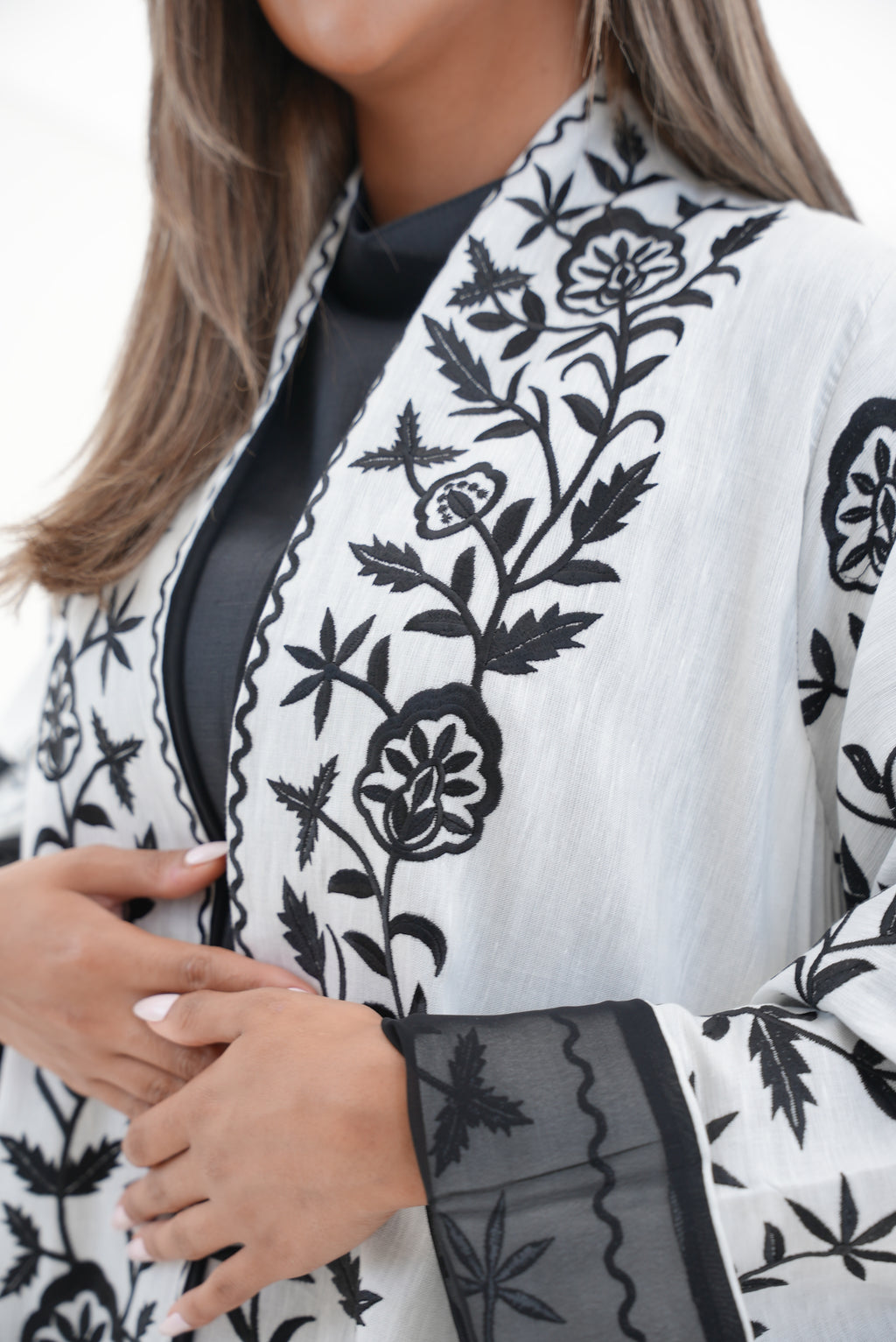 Off-White Linen Embroidered Abaya-56