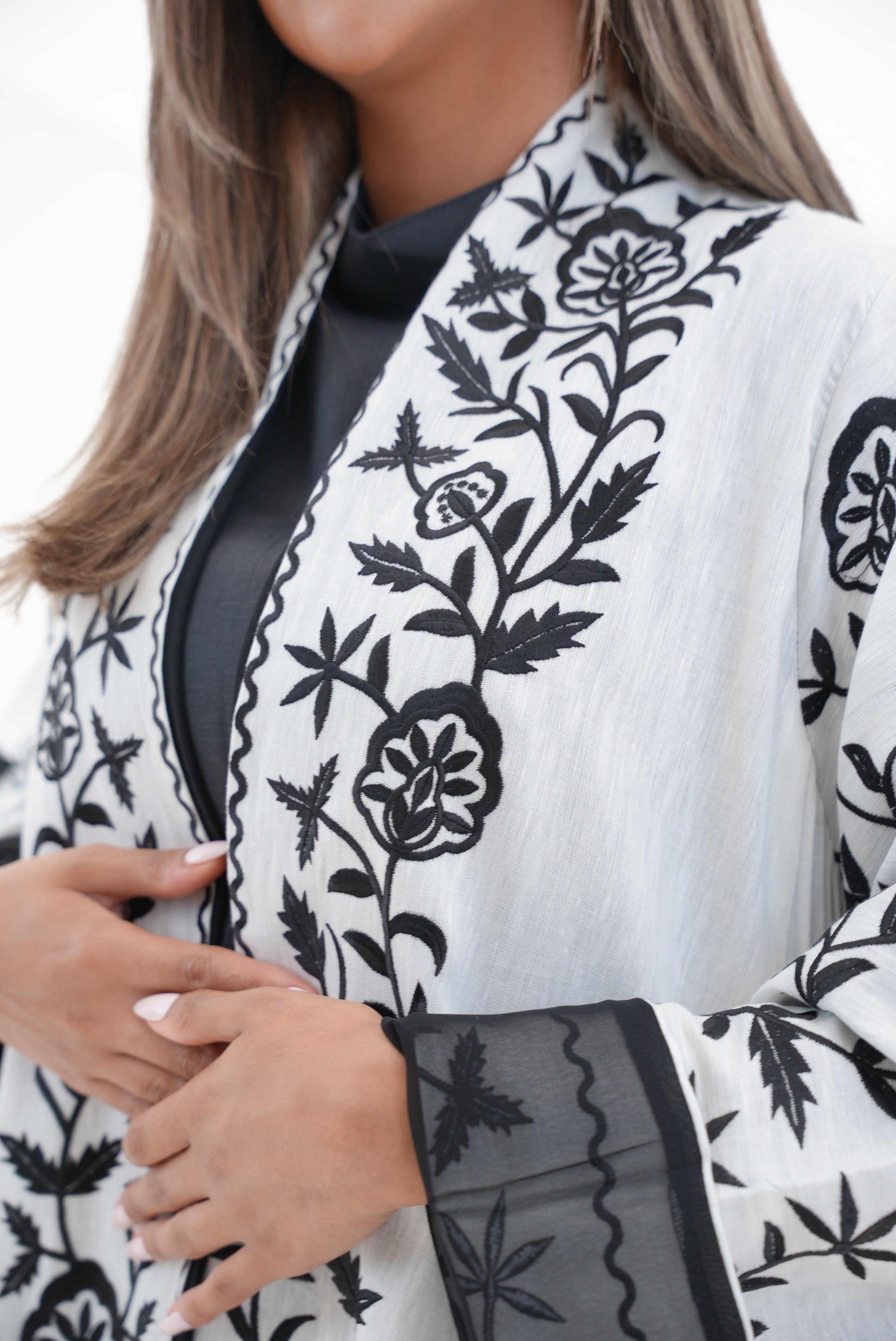 Off-White Linen Embroidered Abaya-56