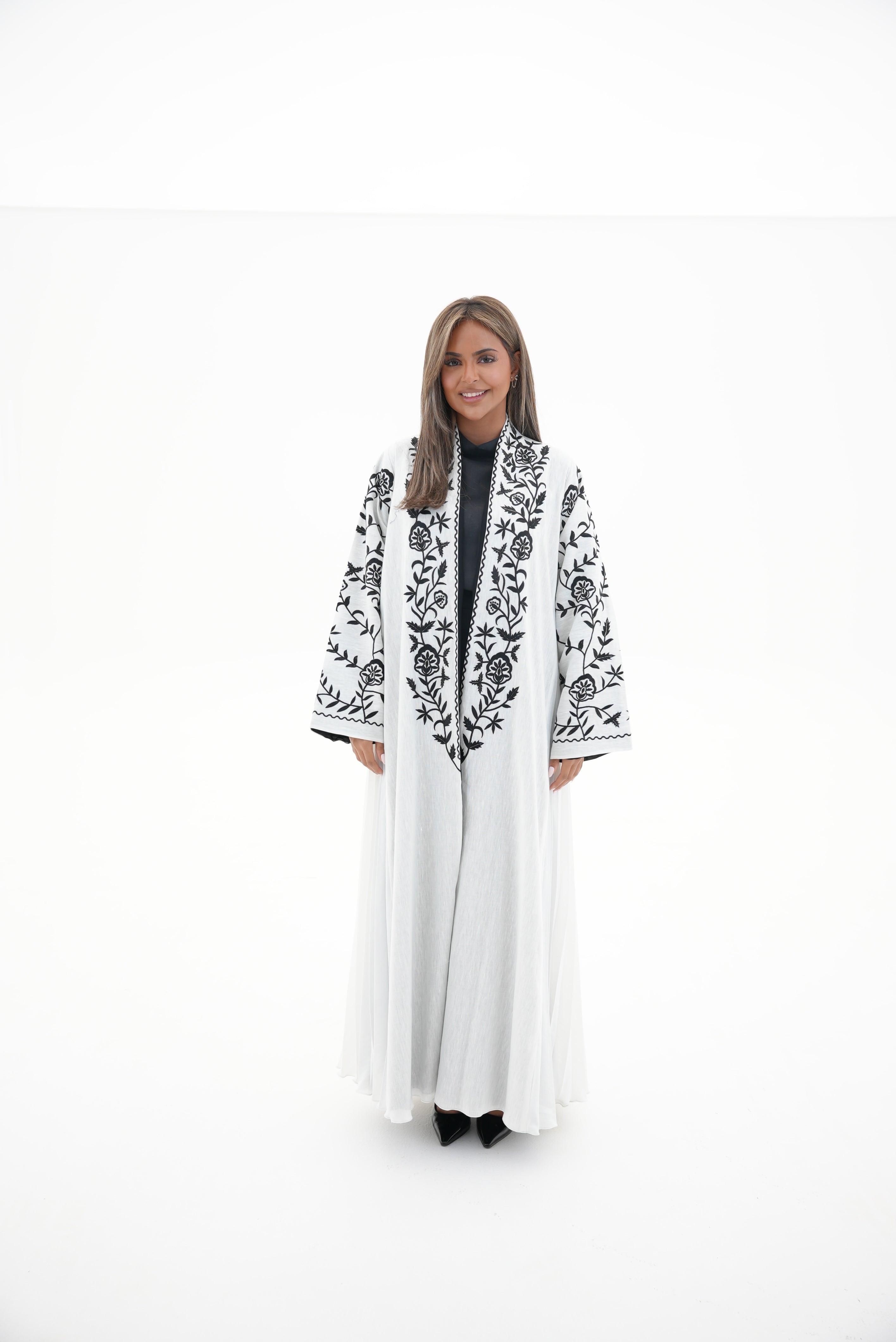 Off-White Linen Embroidered Abaya-56