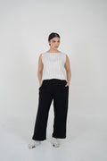 Off-White Striped Linen Blouse with Black Crepe Pants Set