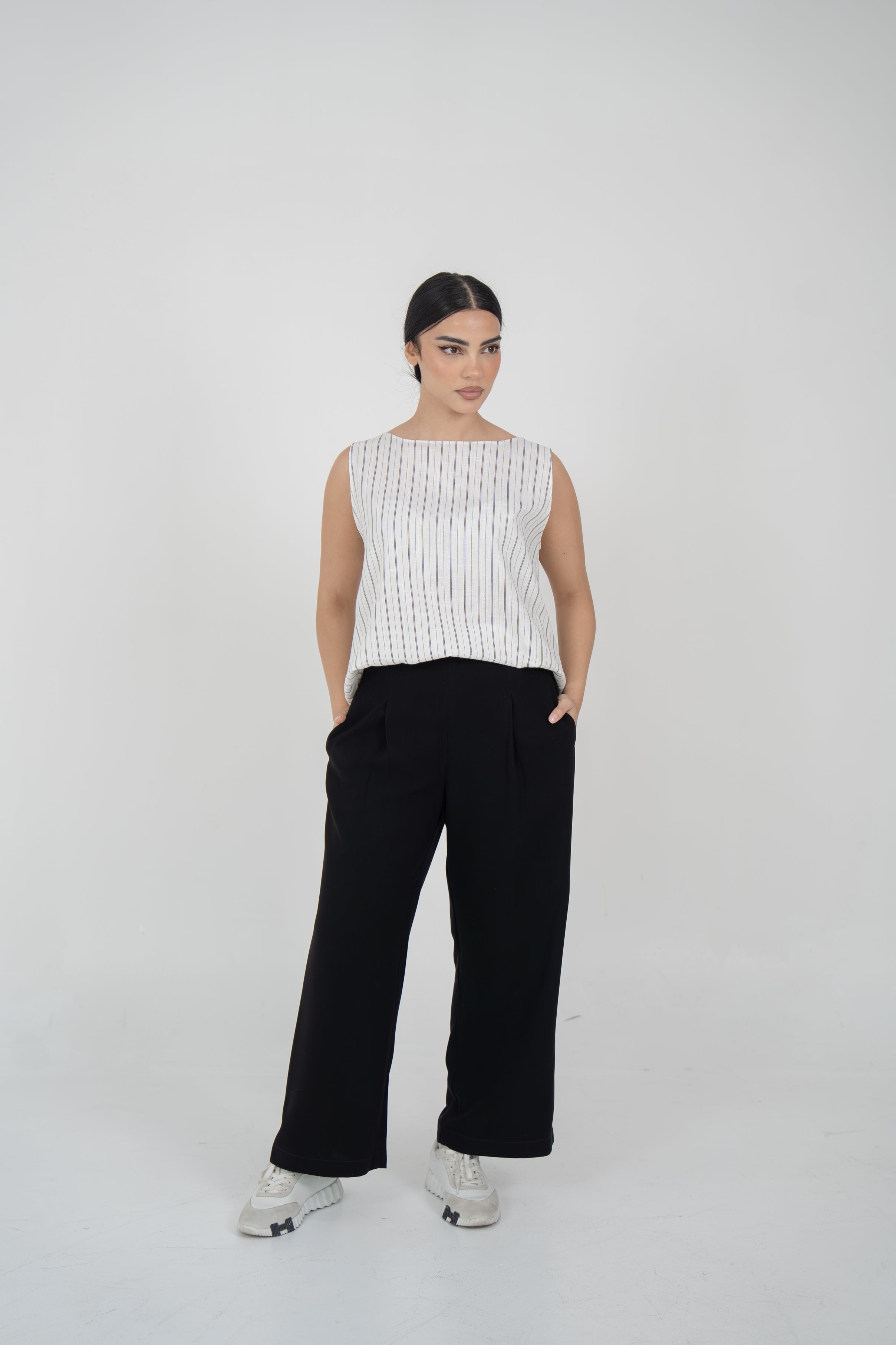 Off-White Striped Linen Blouse with Black Crepe Pants Set