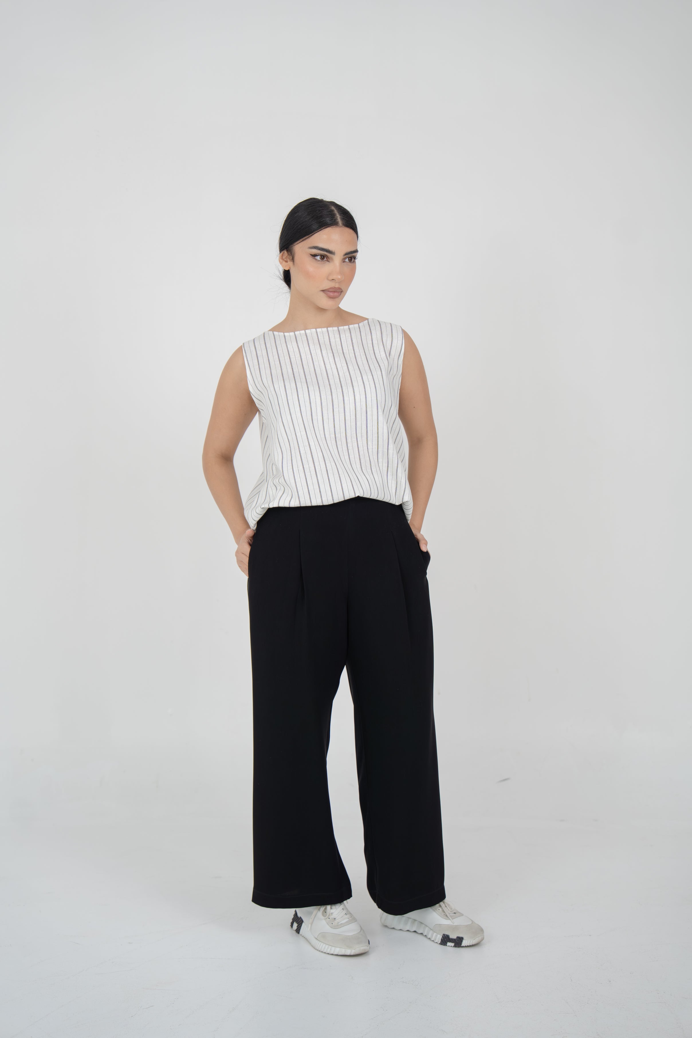 Off-White Striped Linen Blouse with Black Crepe Pants Set
