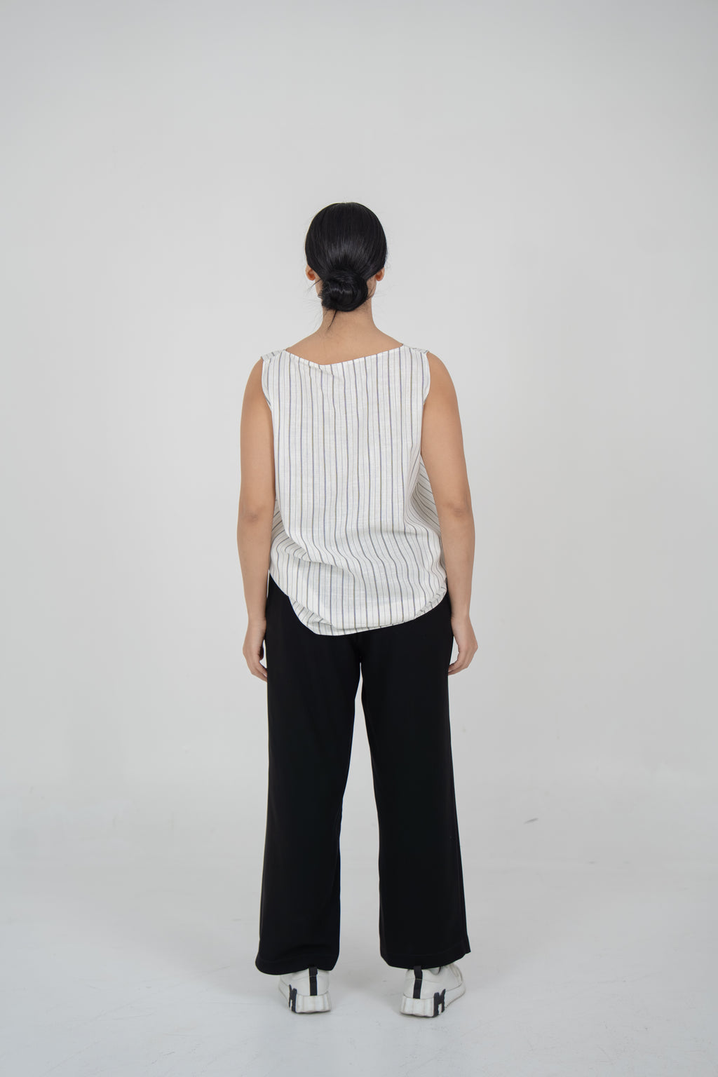 Off-White Striped Linen Blouse with Black Crepe Pants Set