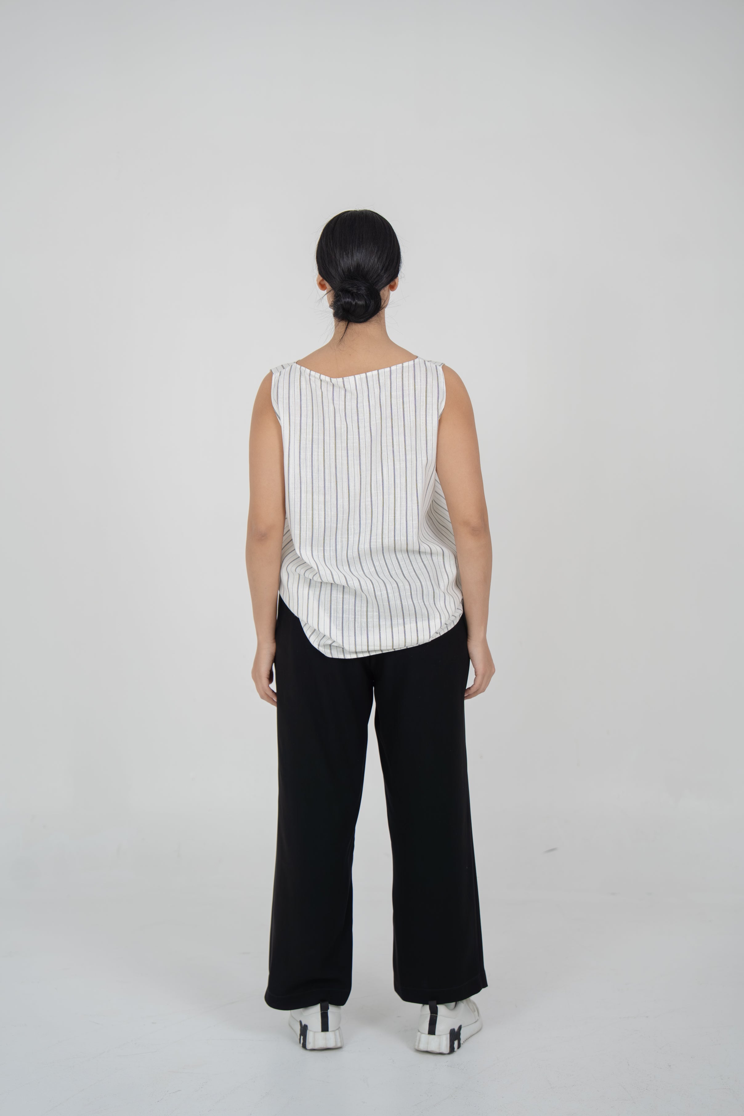 Off-White Striped Linen Blouse with Black Crepe Pants Set