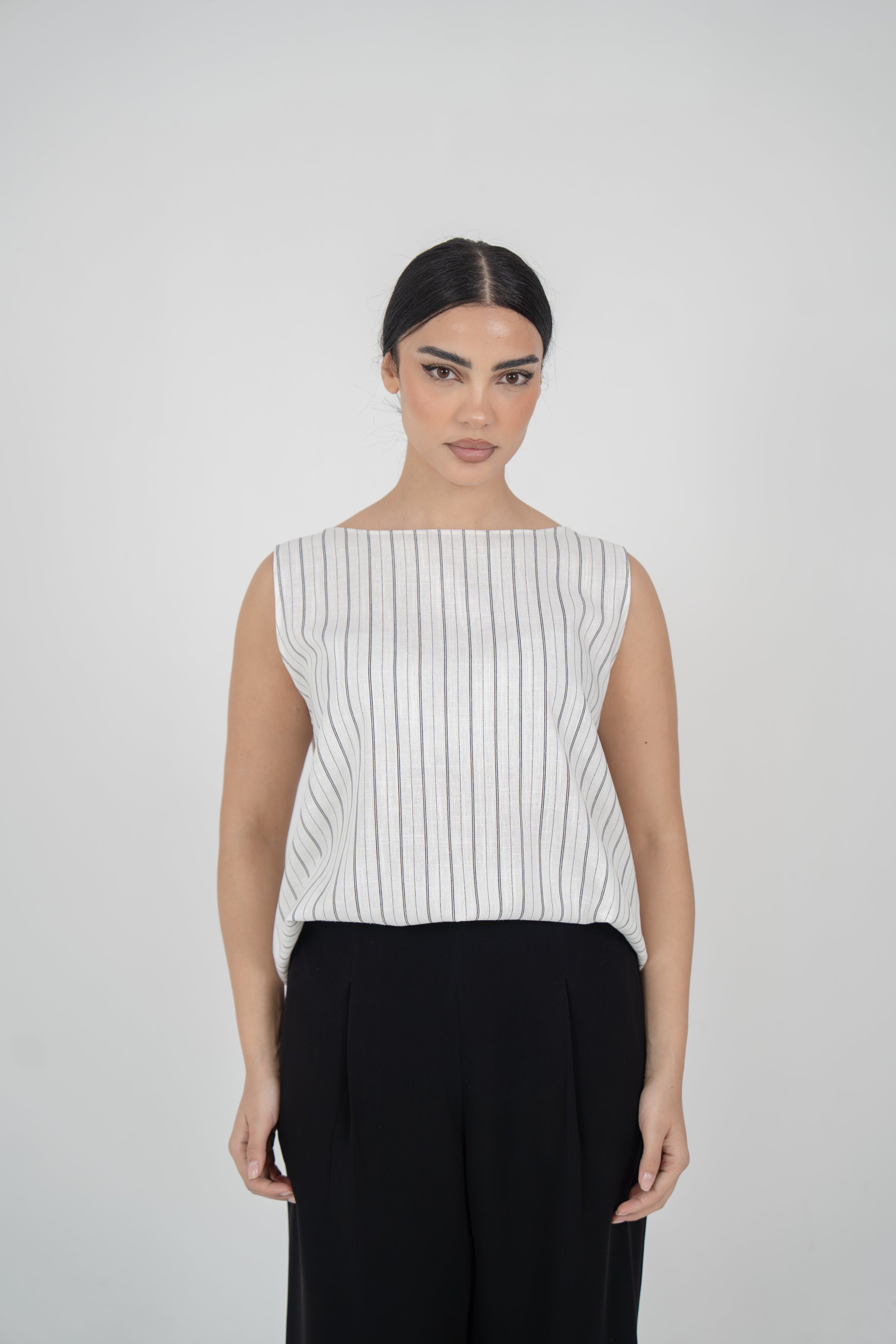 Off-White Striped Linen Blouse with Black Crepe Pants Set