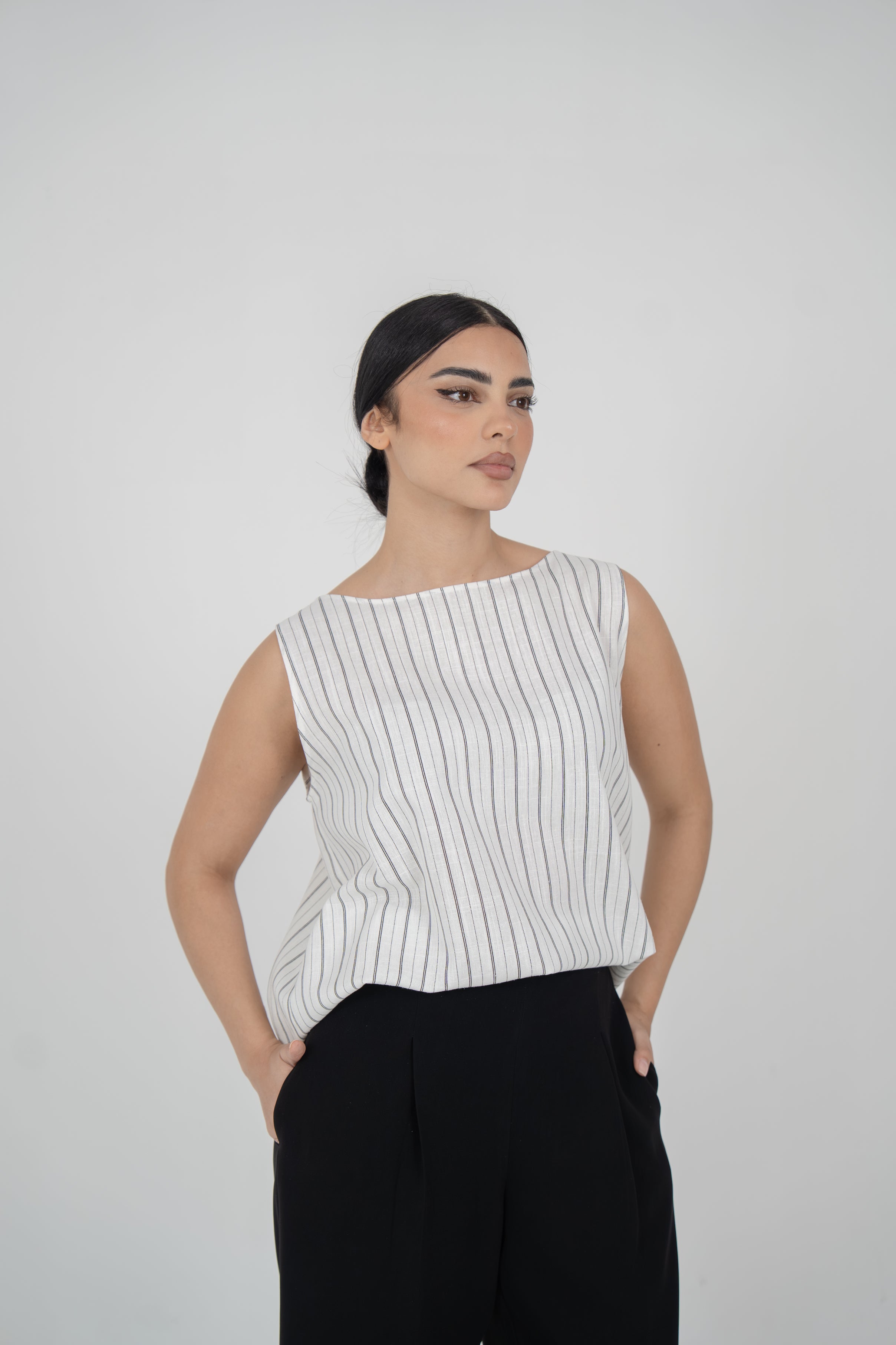 Off-White Striped Linen Blouse with Black Crepe Pants Set