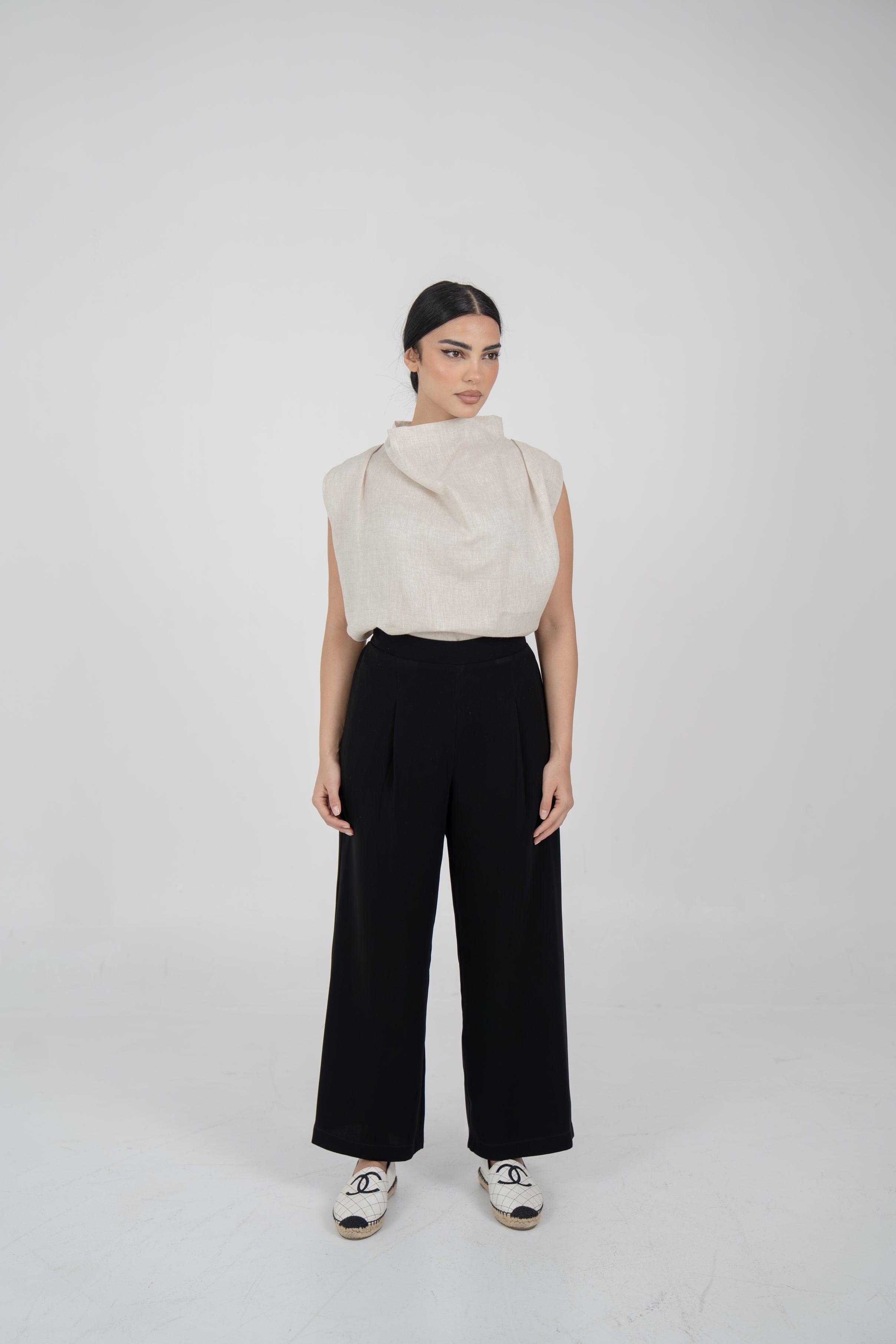 Beige Linen Blouse & Black Crepe Pants Set
