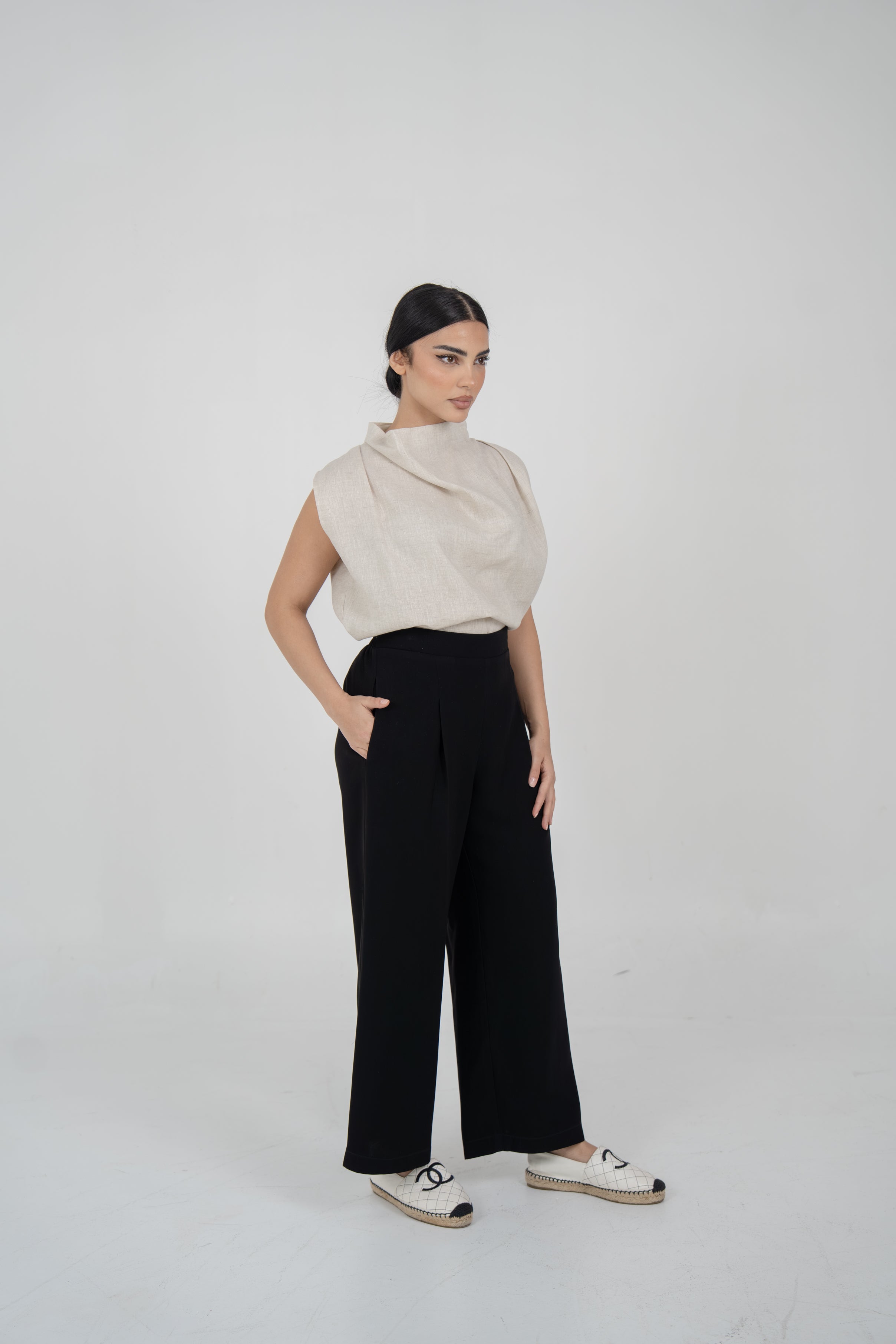 Beige Linen Blouse & Black Crepe Pants Set