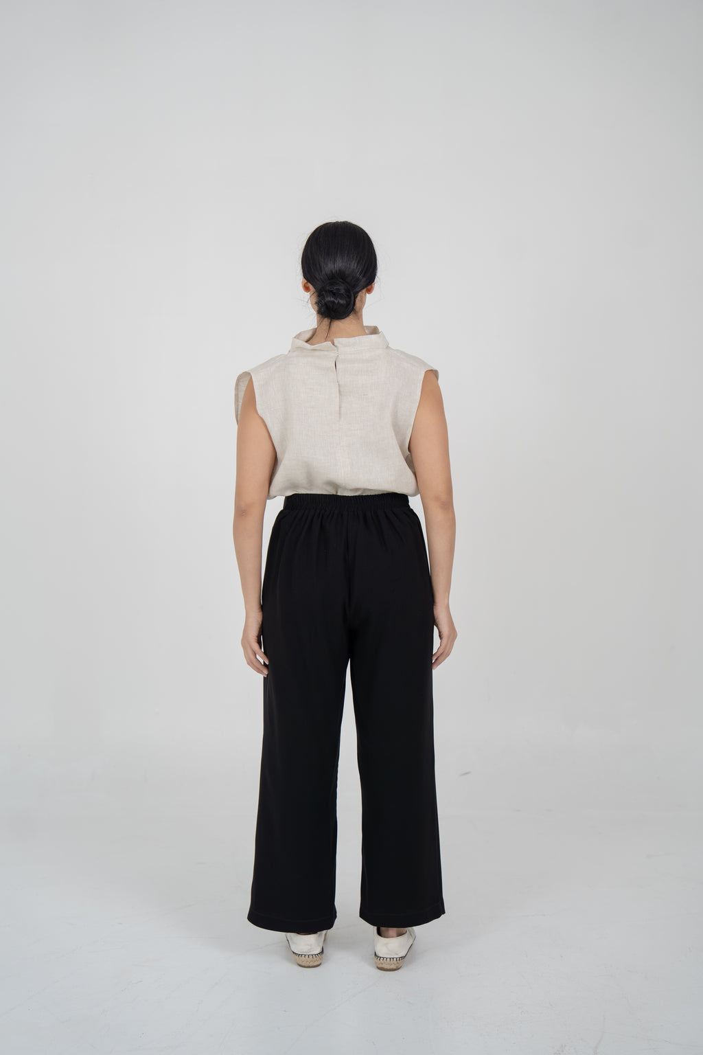 Beige Linen Blouse & Black Crepe Pants Set