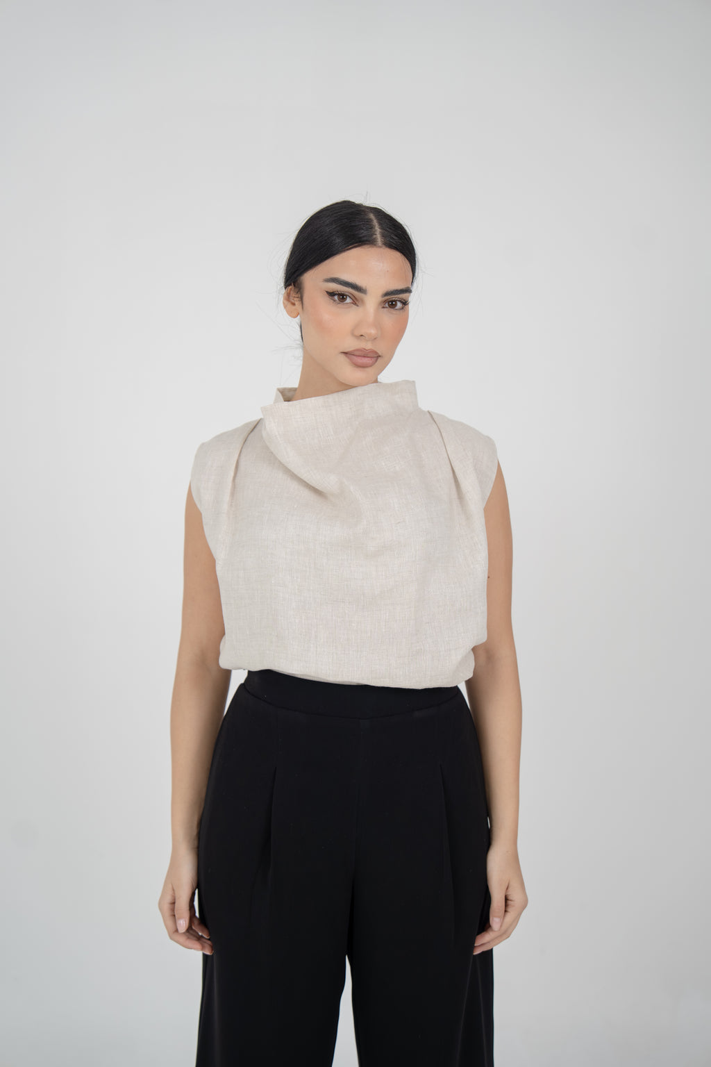 Beige Linen Blouse & Black Crepe Pants Set