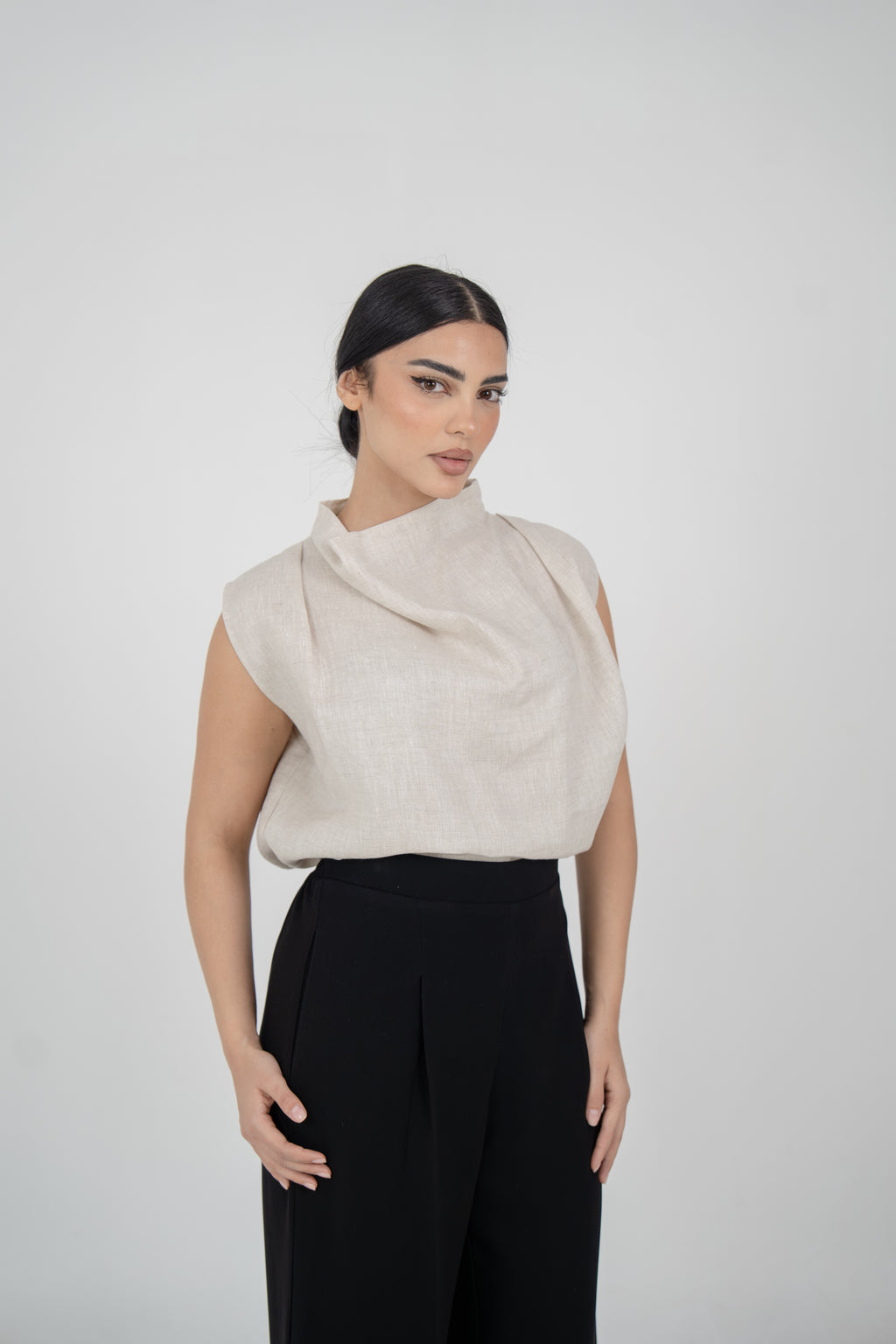 Beige Linen Blouse & Black Crepe Pants Set