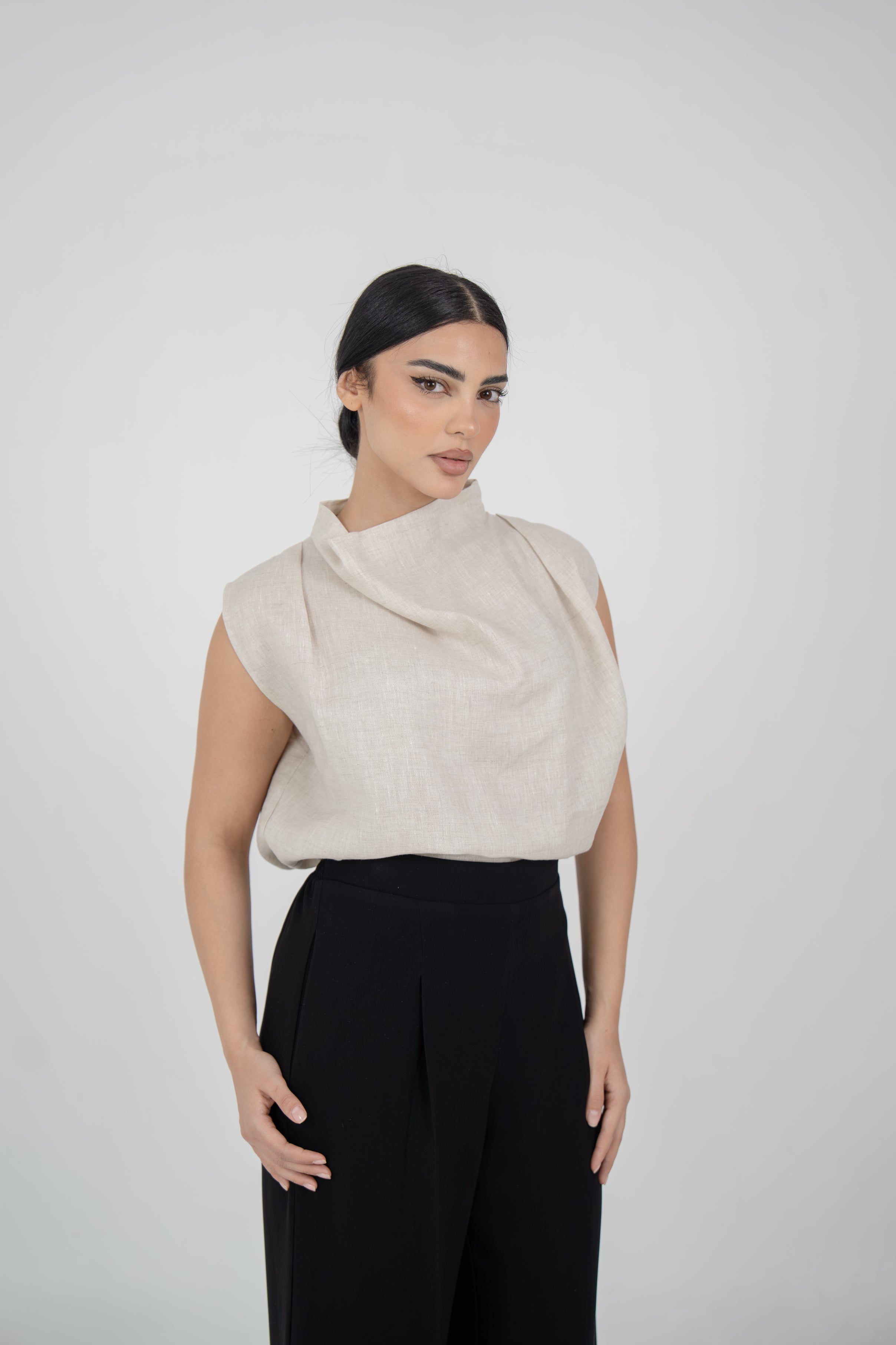 Beige Linen Blouse & Black Crepe Pants Set