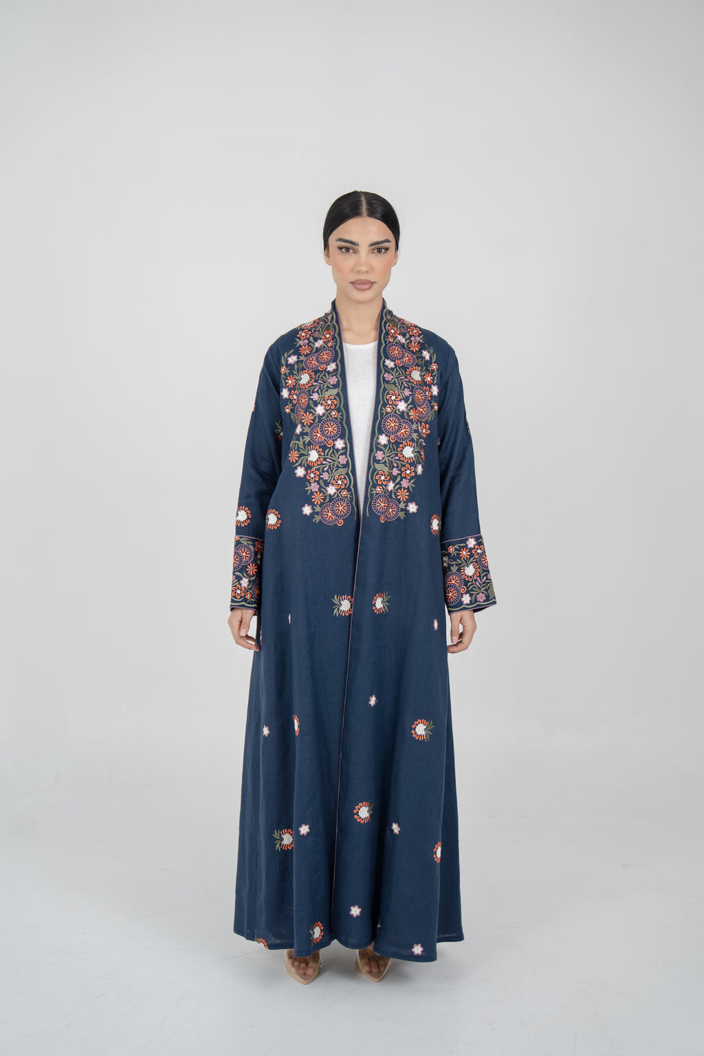 Embroidered Navy Linen Abaya with Purple Chiffon Lining