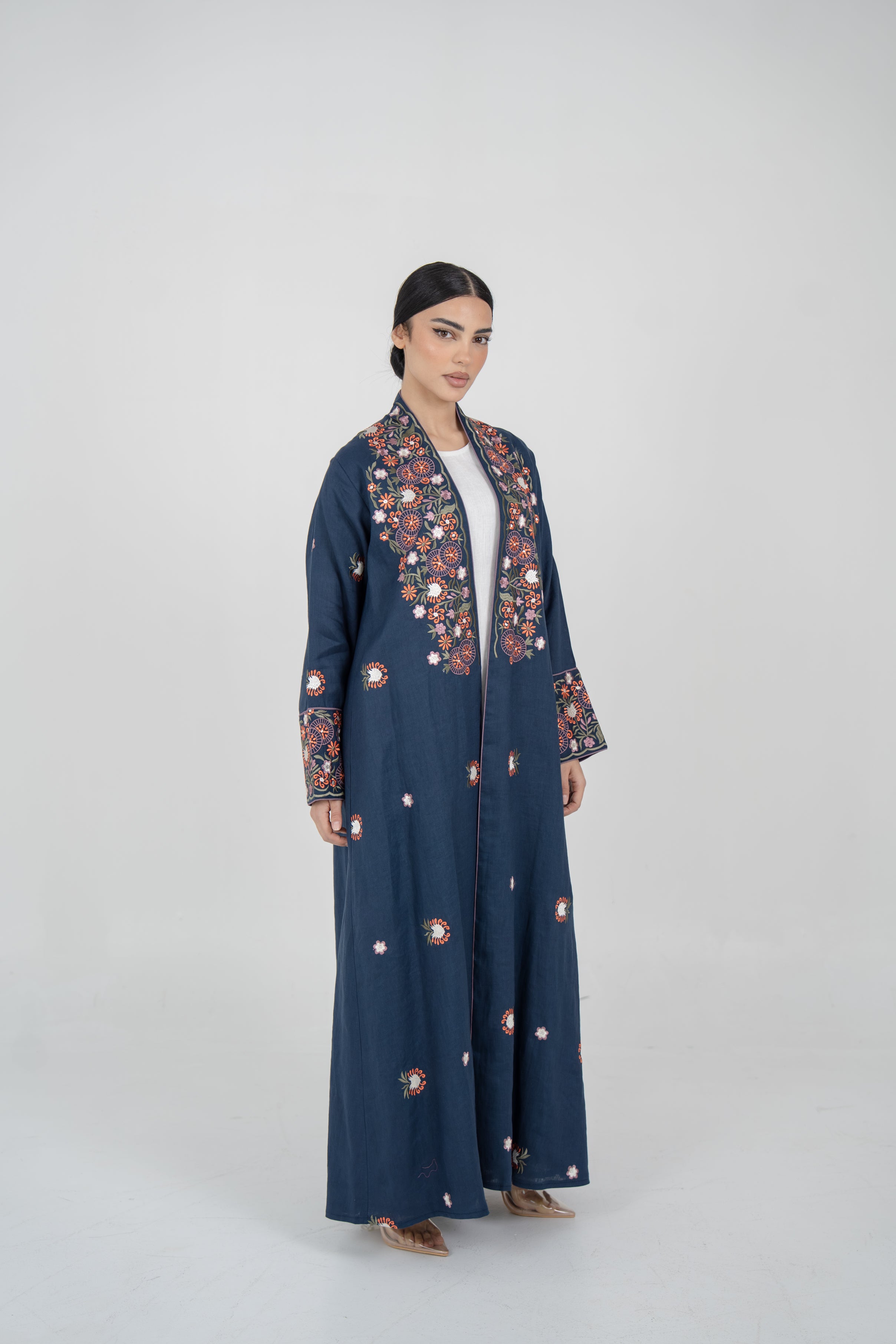 Embroidered Navy Linen Abaya with Purple Chiffon Lining