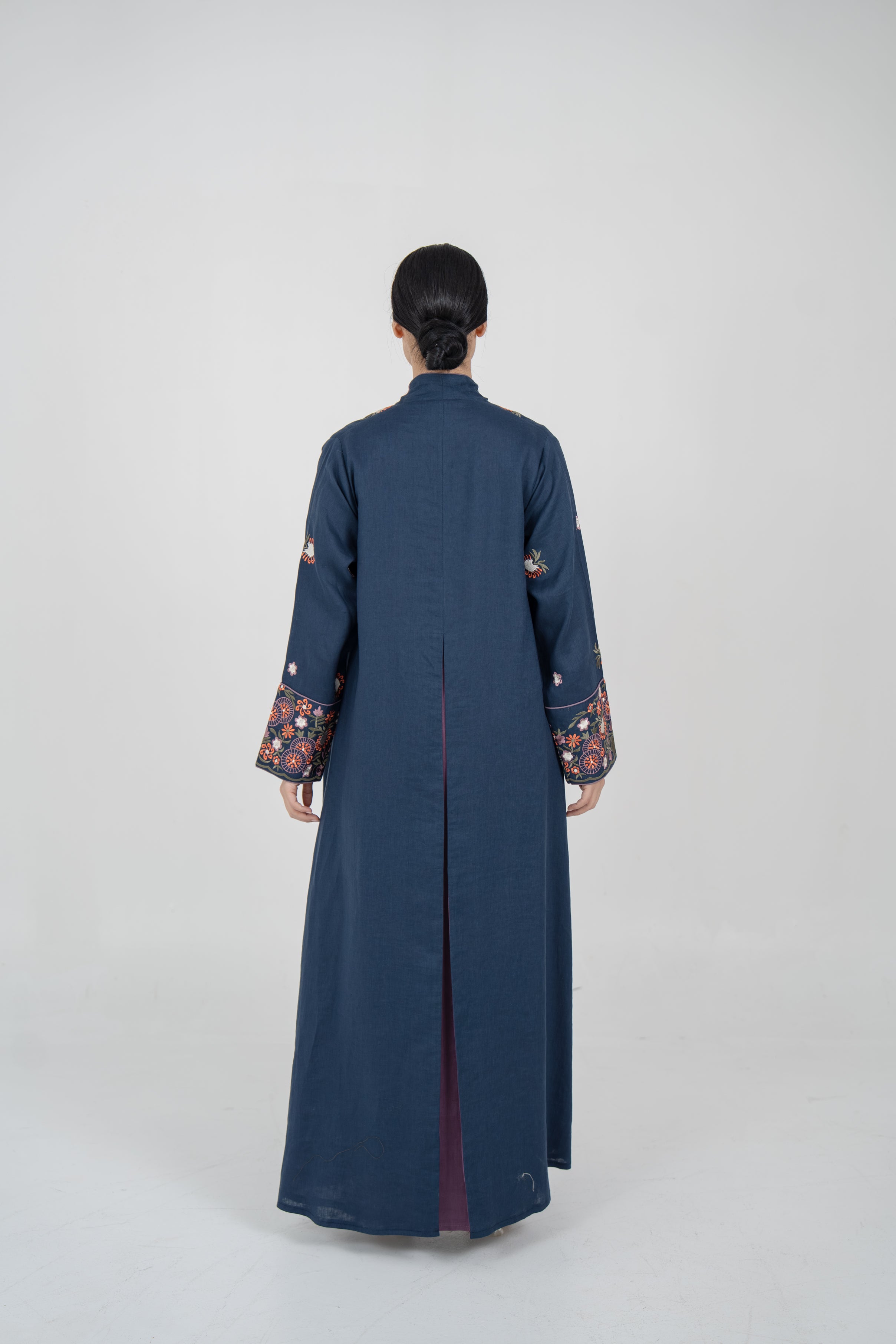 Embroidered Navy Linen Abaya with Purple Chiffon Lining