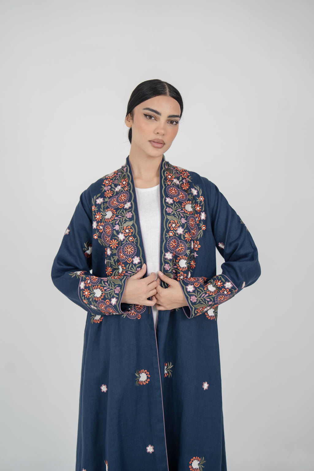 Embroidered Navy Linen Abaya with Purple Chiffon Lining
