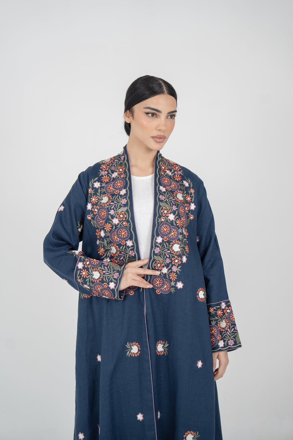 Embroidered Navy Linen Abaya with Purple Chiffon Lining