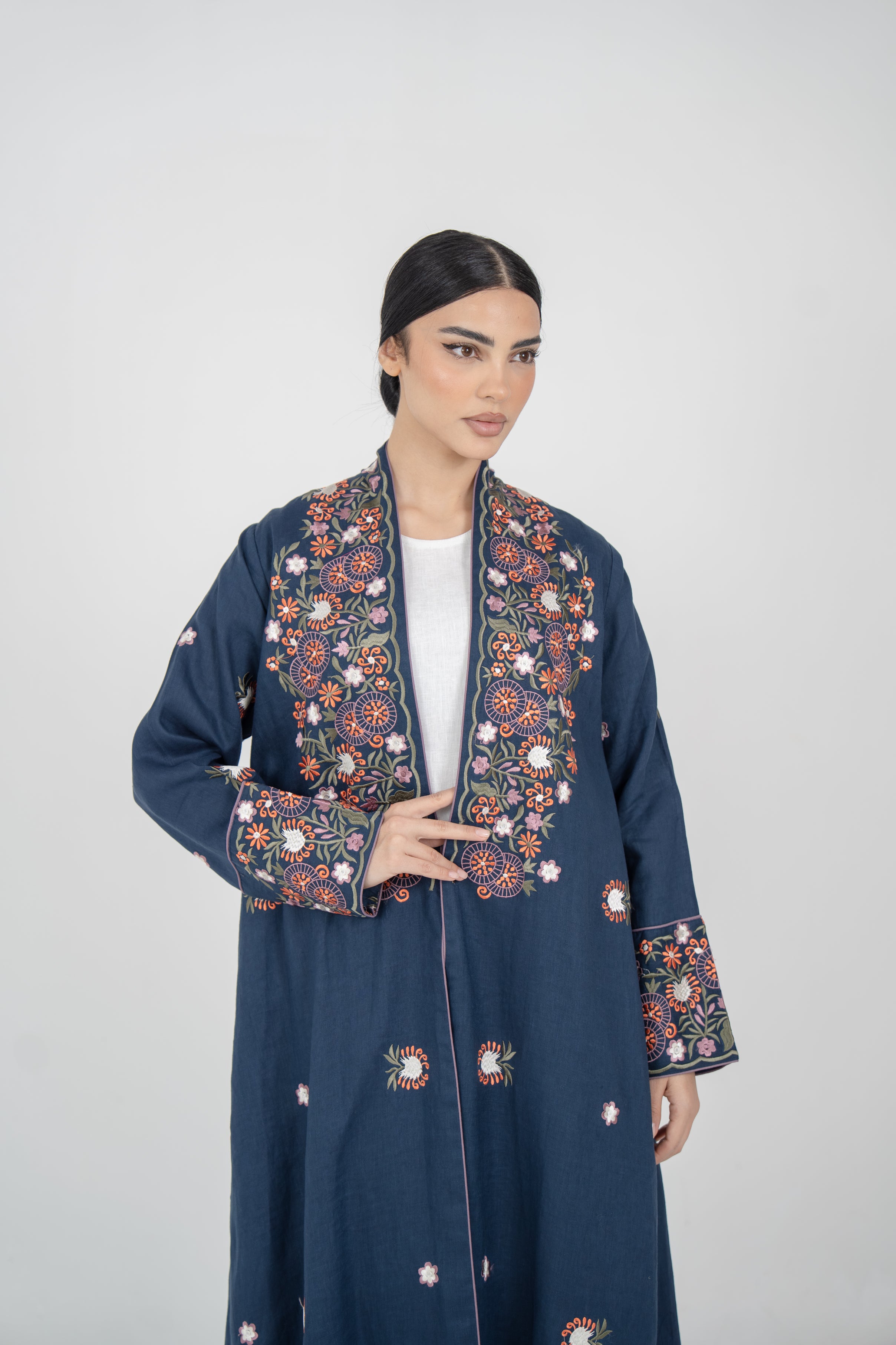 Embroidered Navy Linen Abaya with Purple Chiffon Lining