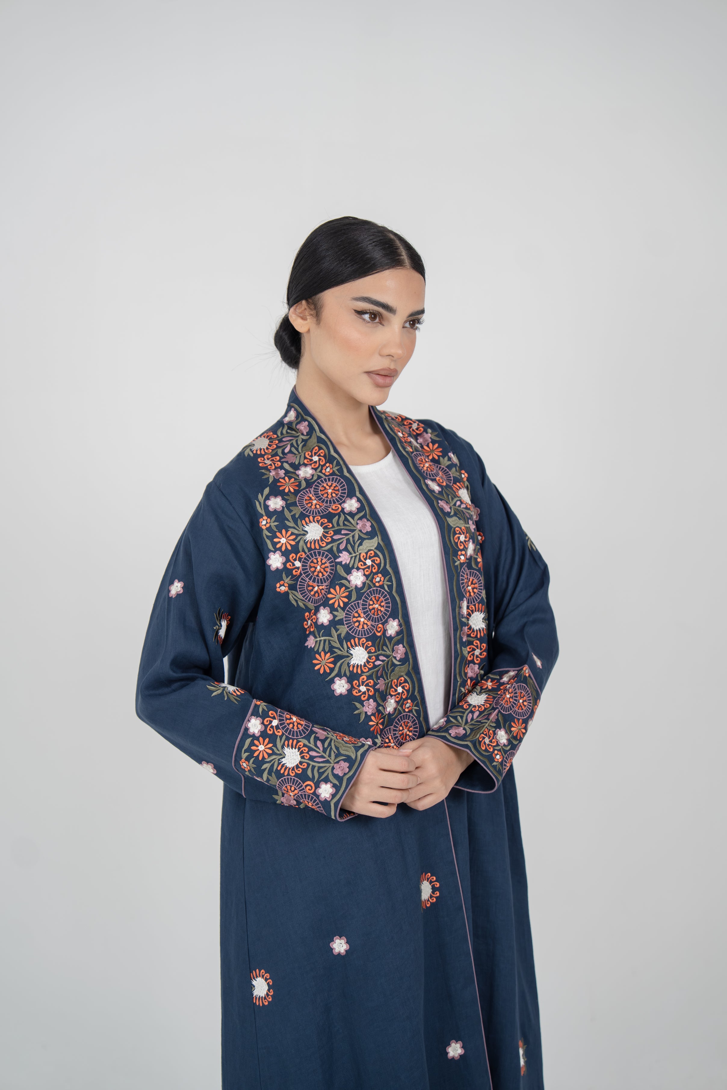 Embroidered Navy Linen Abaya with Purple Chiffon Lining