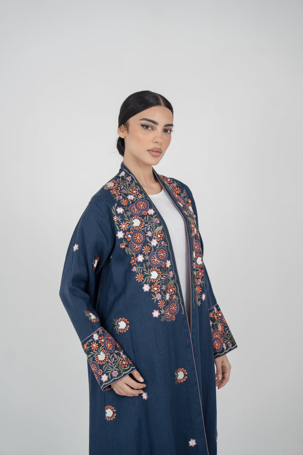 Embroidered Navy Linen Abaya with Purple Chiffon Lining