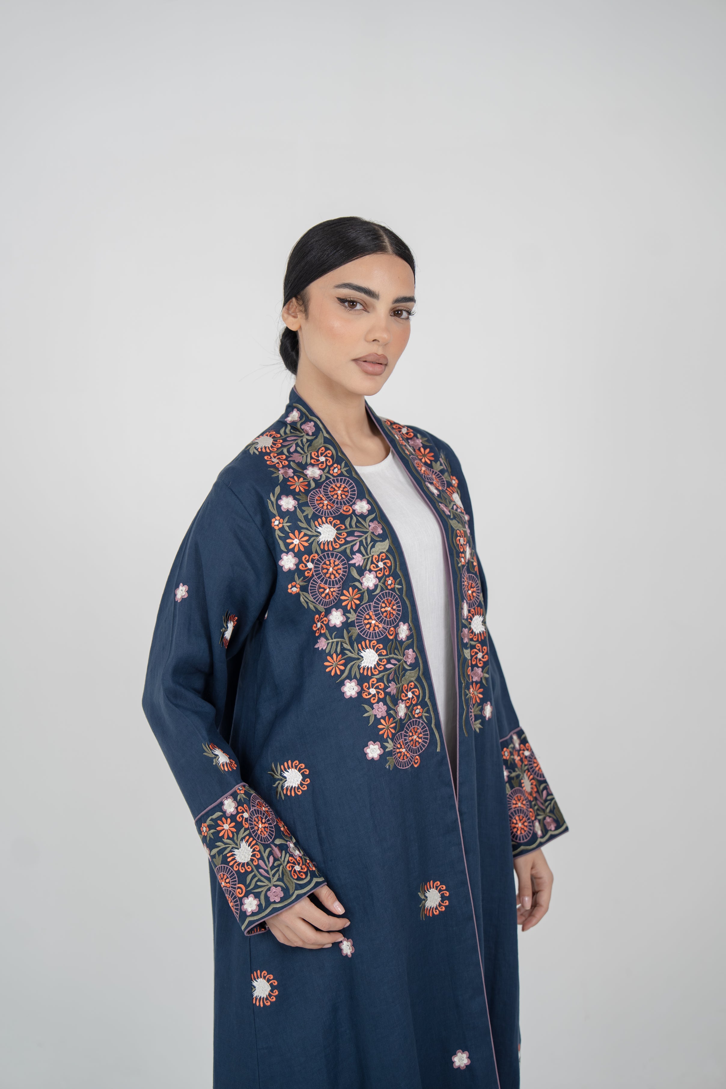 Embroidered Navy Linen Abaya with Purple Chiffon Lining