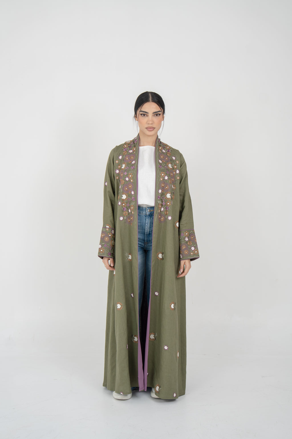 Olive Linen Embroidered Abaya