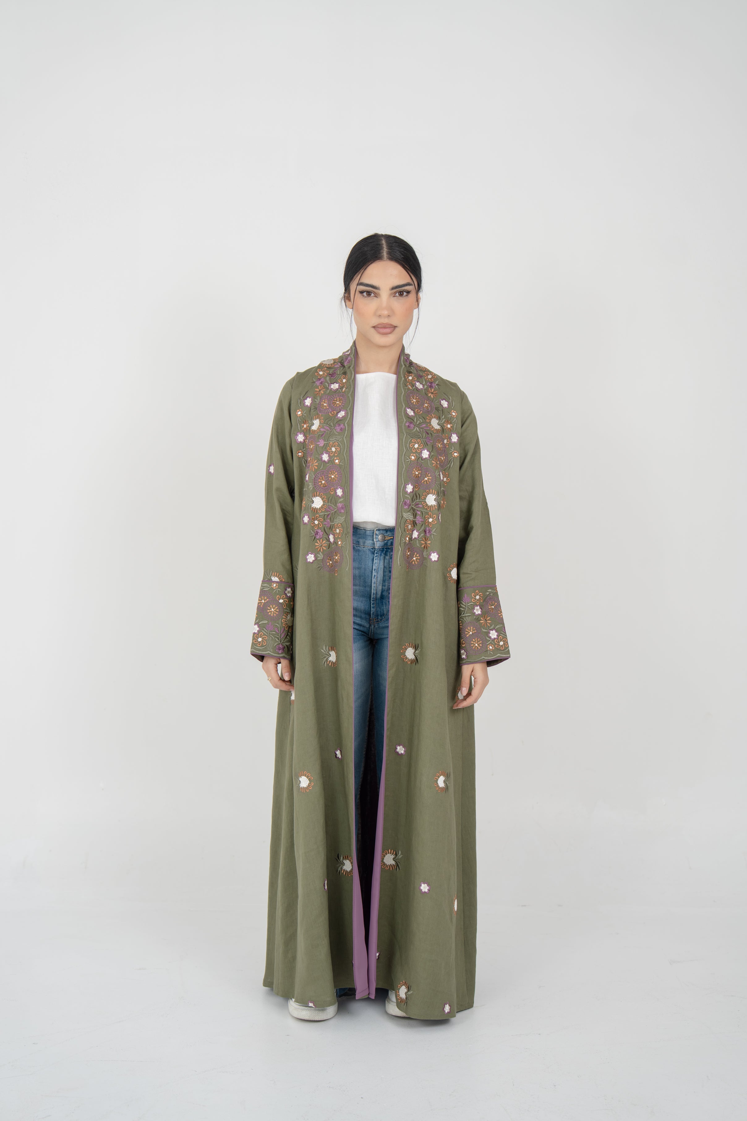 Olive Linen Embroidered Abaya