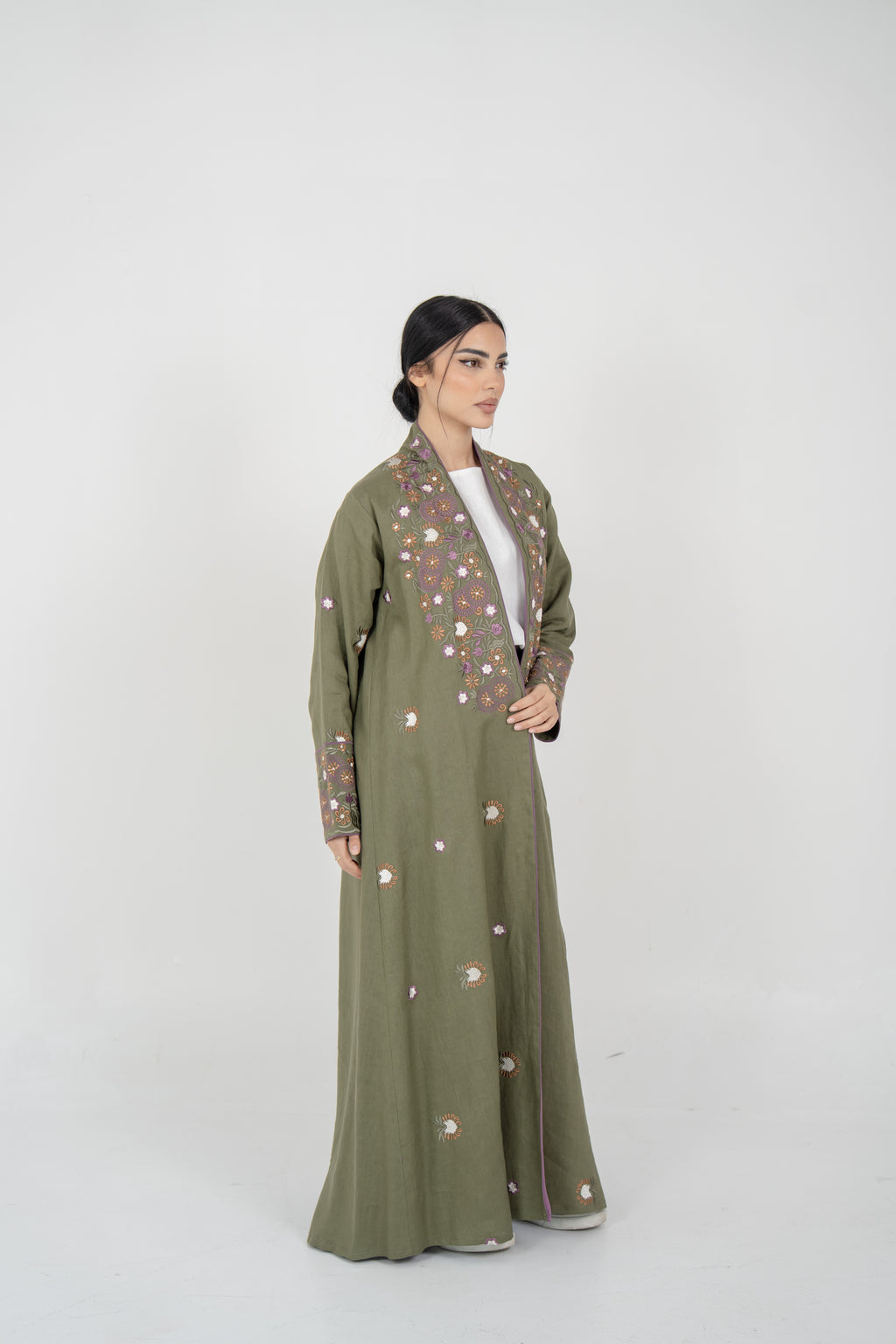 Olive Linen Embroidered Abaya