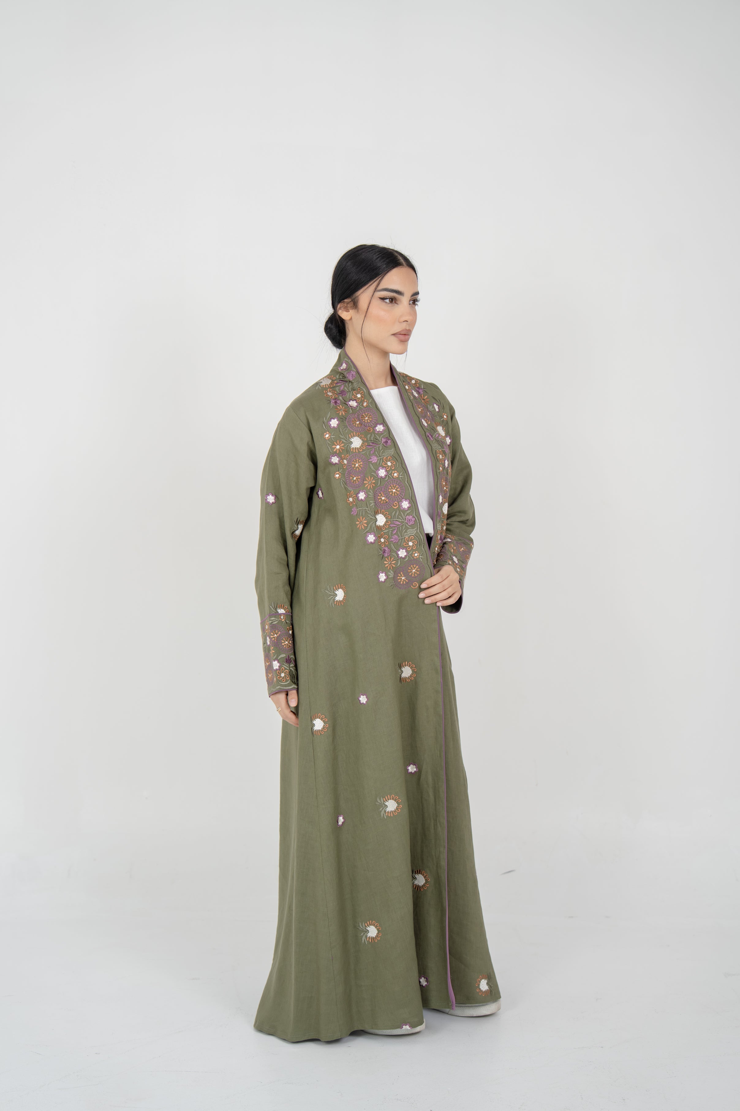 Olive Linen Embroidered Abaya