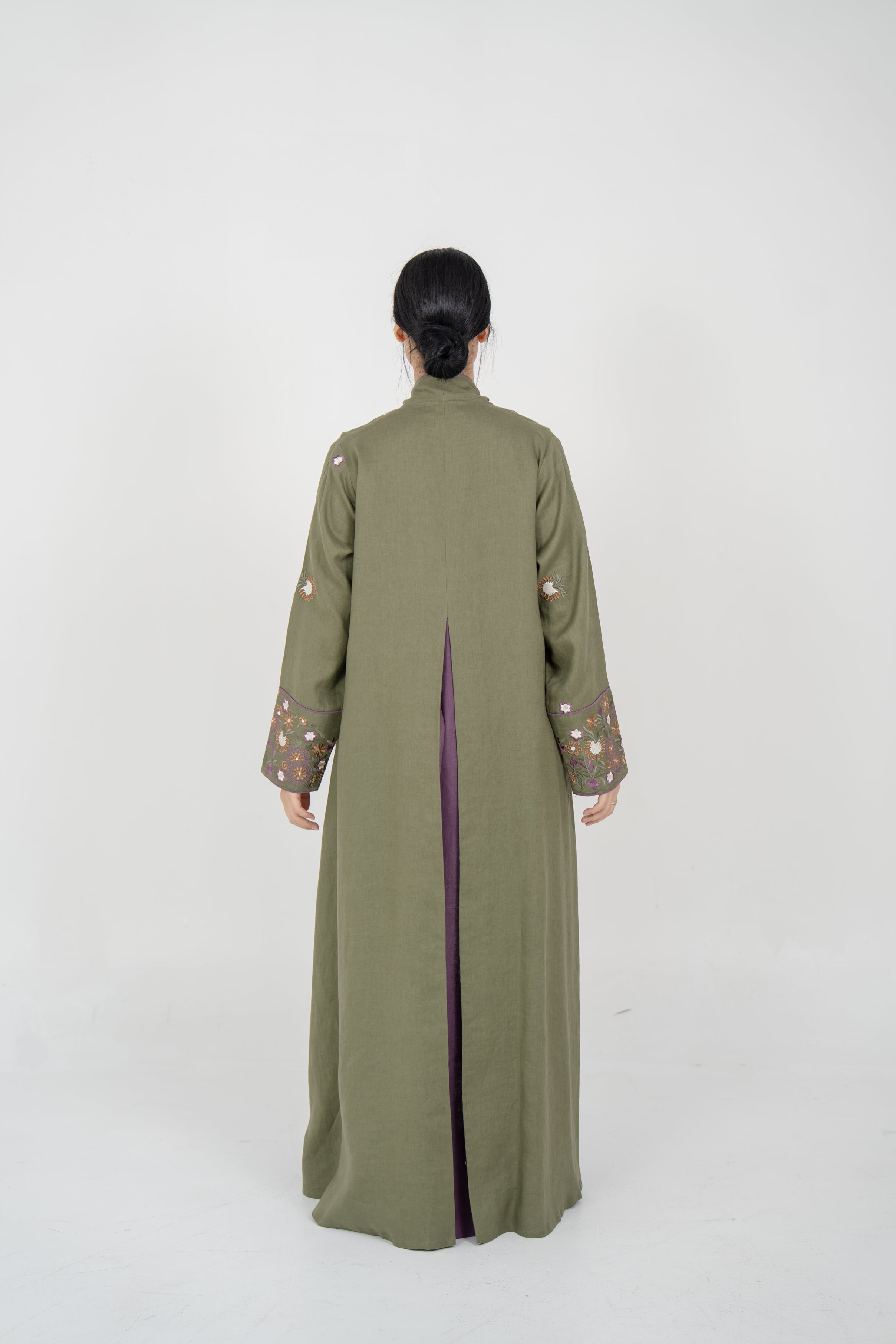 Olive Linen Embroidered Abaya