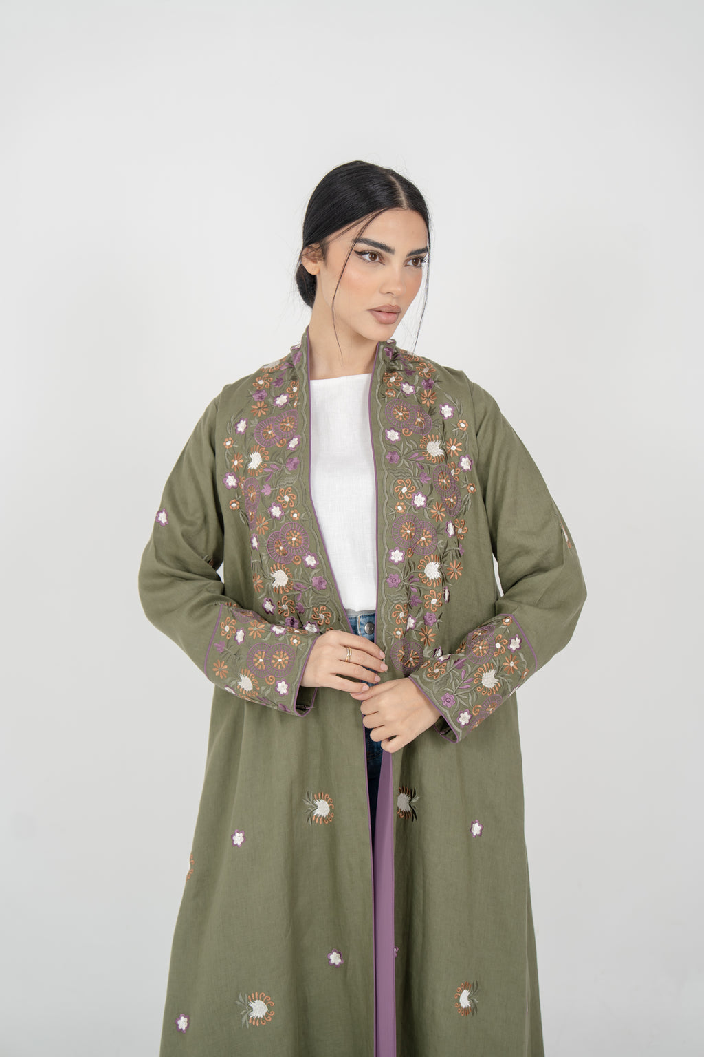 Olive Linen Embroidered Abaya